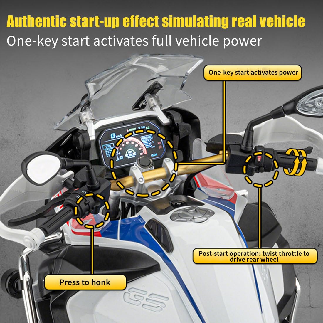 Moto RC in lega 1/6, modello di moto con telecomando a funzione completa con luci, suono, spray di scarico, trazione posteriore, motocicletta in scala realistica RTR(R1250GS nero)