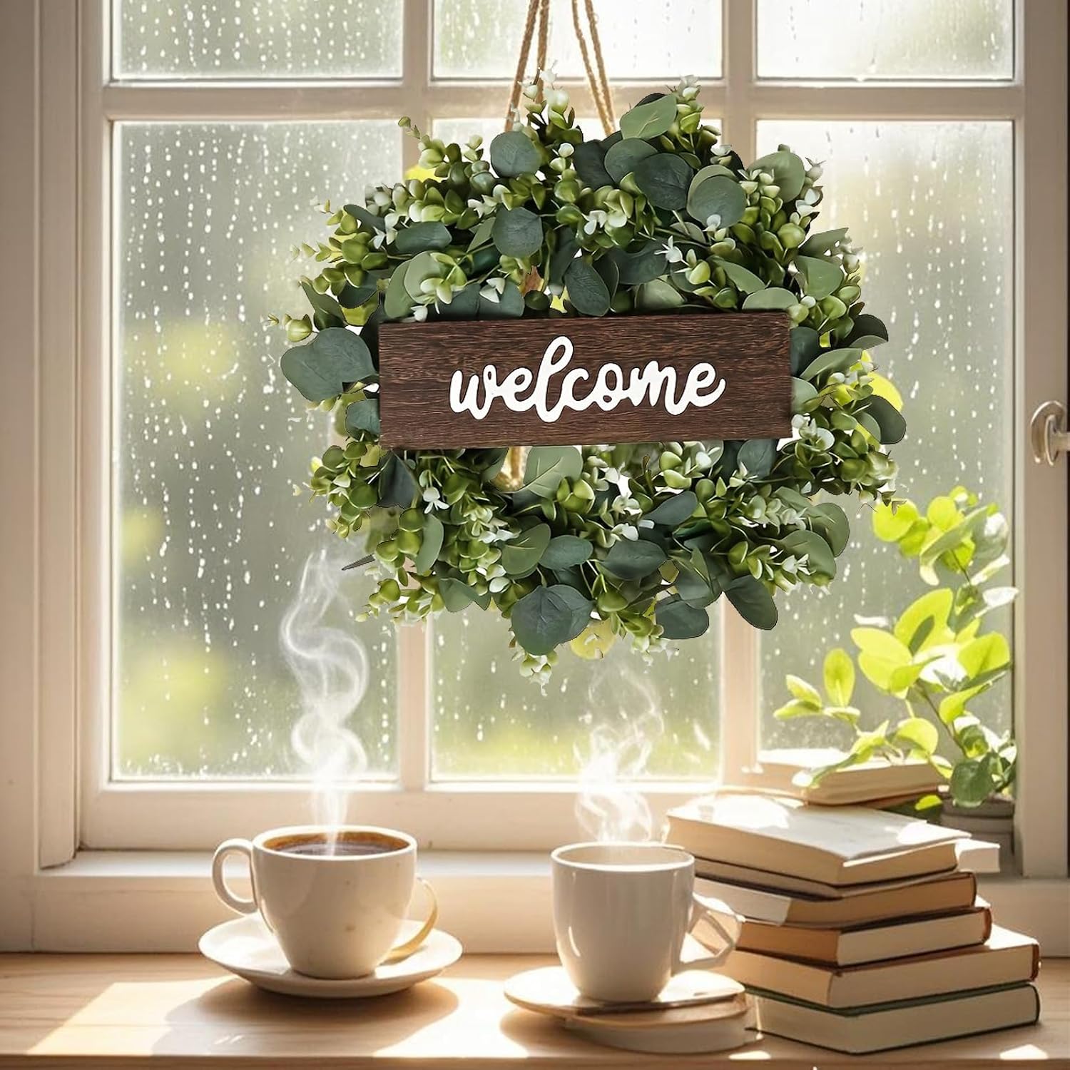 Artificial Eucalyptus Wreath with Welcome Sign.Front Door Wall Window Farmhouse Festival Porch Patio Garden Decor,All-Season Green Wreath for Indoors & Outdoors: Timeless Style