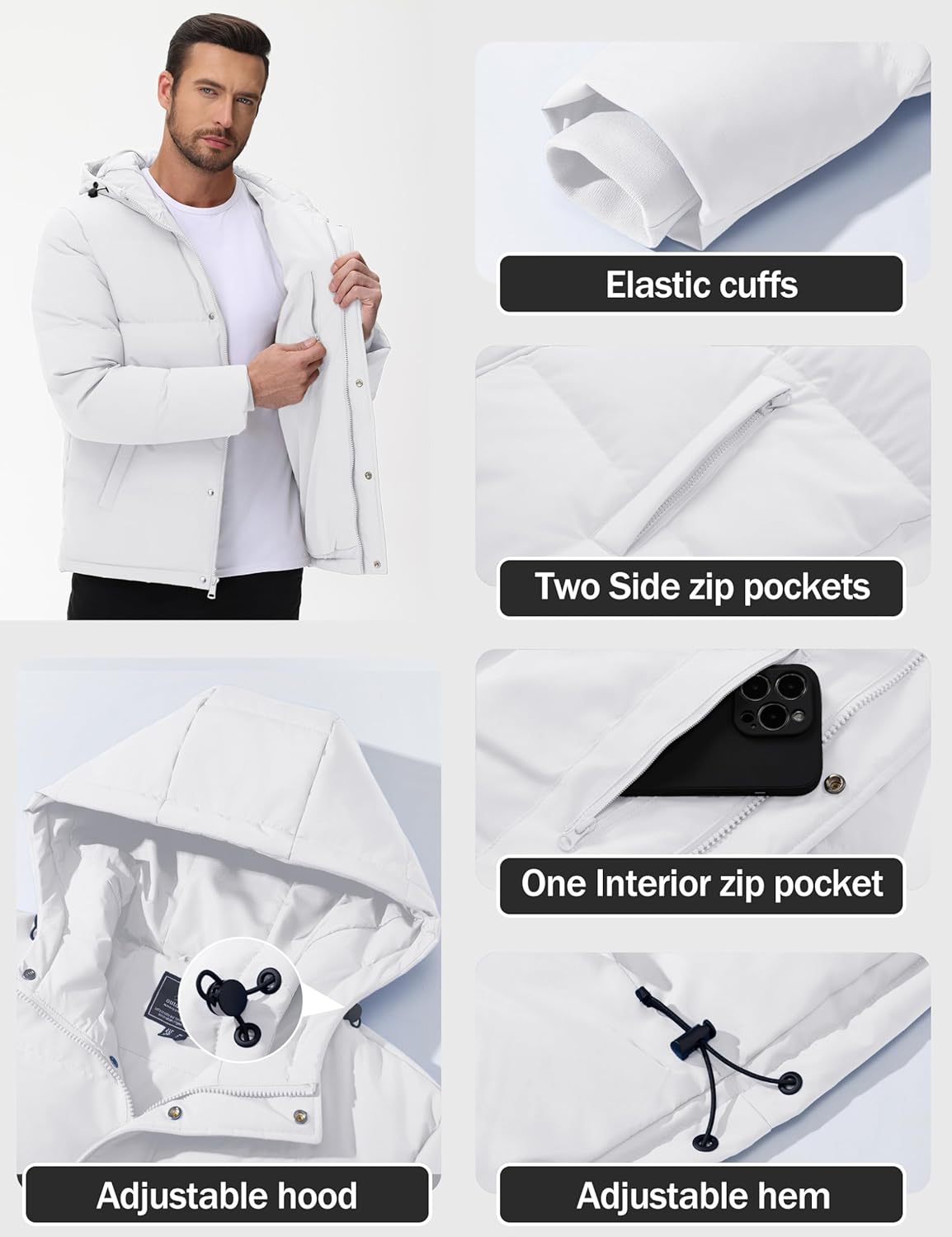 Cotrasen Men's Puffer Jacket Hooded Down Jacket Water-Resistant Windproof Full Zip Up Winter Warm Thicken Coat with Hood - Image 5