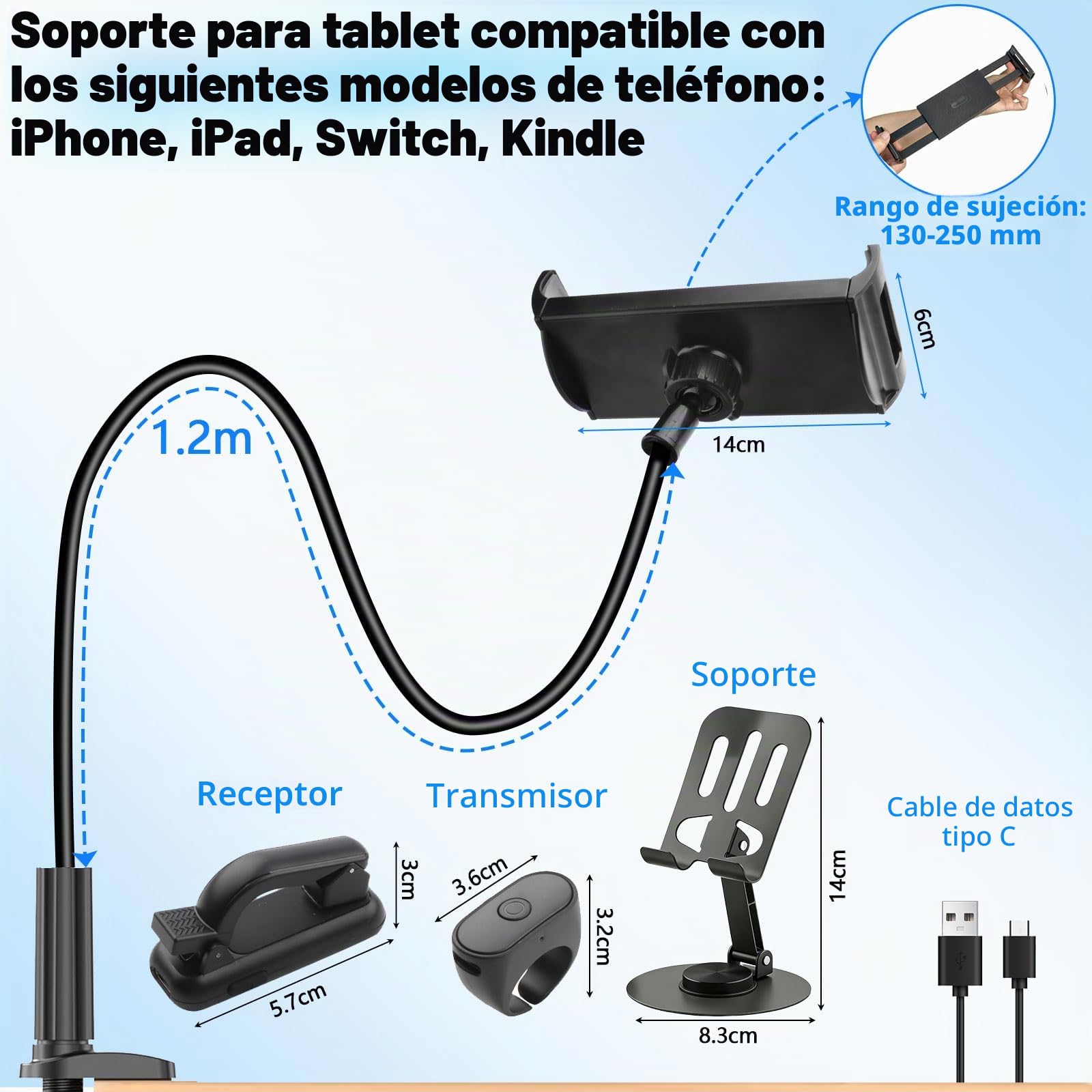 Soporte de Cuello de Cisne con Control Remoto Kindle | Soporte Ajustable para Tableta para Leer en la Cama, Soporte Movil para Kindle Accesorios/iPad/teléfono 5 a 12,9 Pulgadas