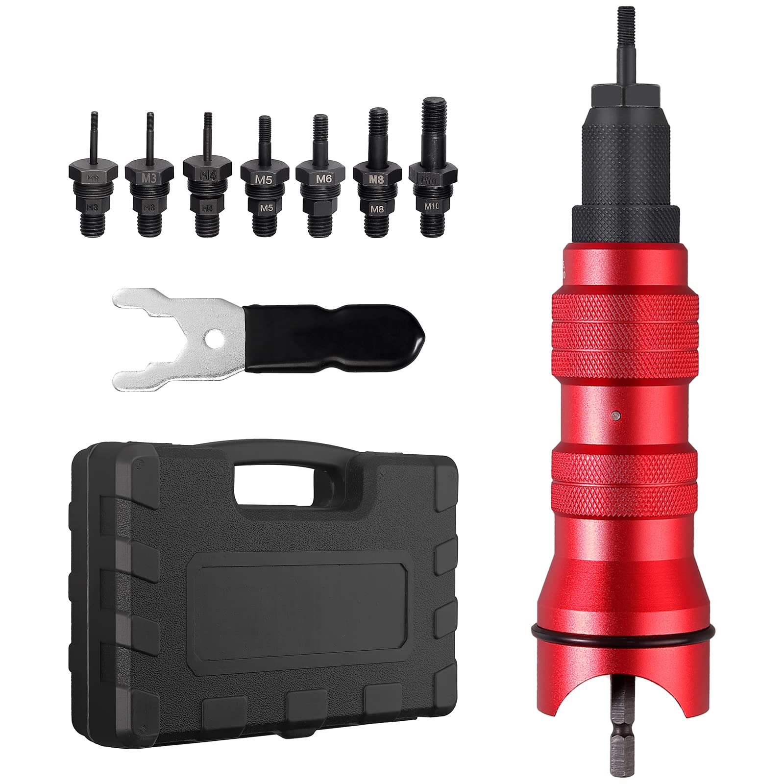 Kit Rivettatrice Per Trapano JUSTOOL – 5 Mandrini M3-M8, In Alluminio E Acciaio, Con Custodia E Impugnatura Ergonomica