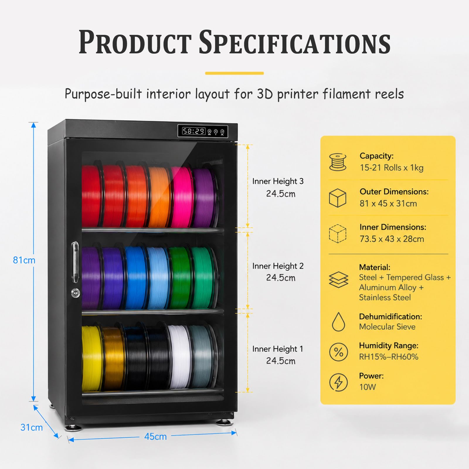 21-Spulen 3D-Drucker Filament-Trocknungsbox mit Intelligenter Feuchtigkeitskontrolle (RH15%-RH60%), Versiegelter Dehydrator für PLA, ABS, PETG, TPU, für Zuhause und Studio