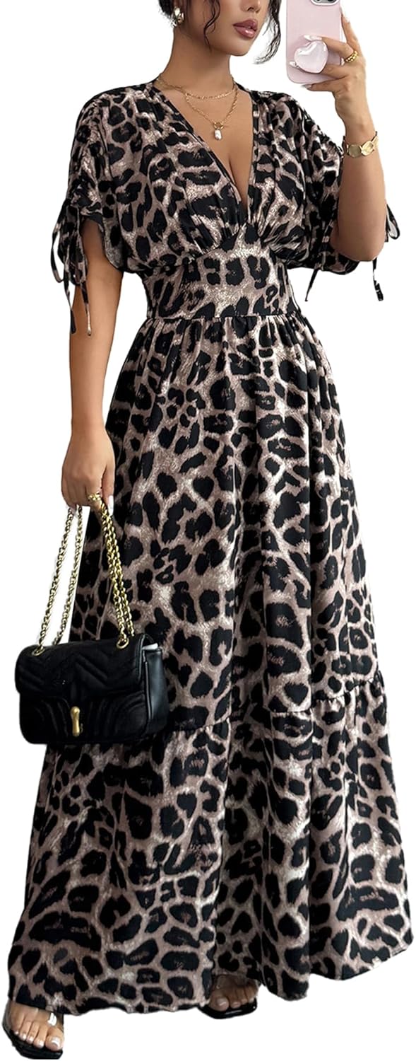 OYOANGLE Women's Summer Casual Bohemian Leopard Print Short Sleeve V Neck Cheetah Long Maxi Dress