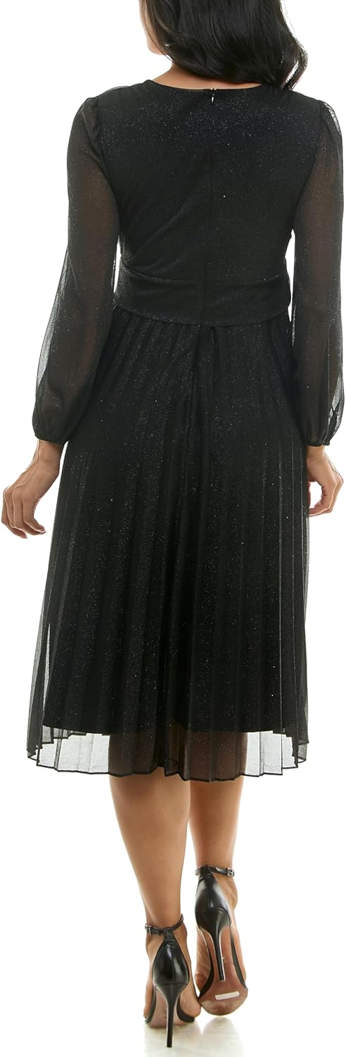 Maison Tara Womens Long Sleeve Shimmer V Neck Twist Empire Waist Pleated Midi Dress - Image 2