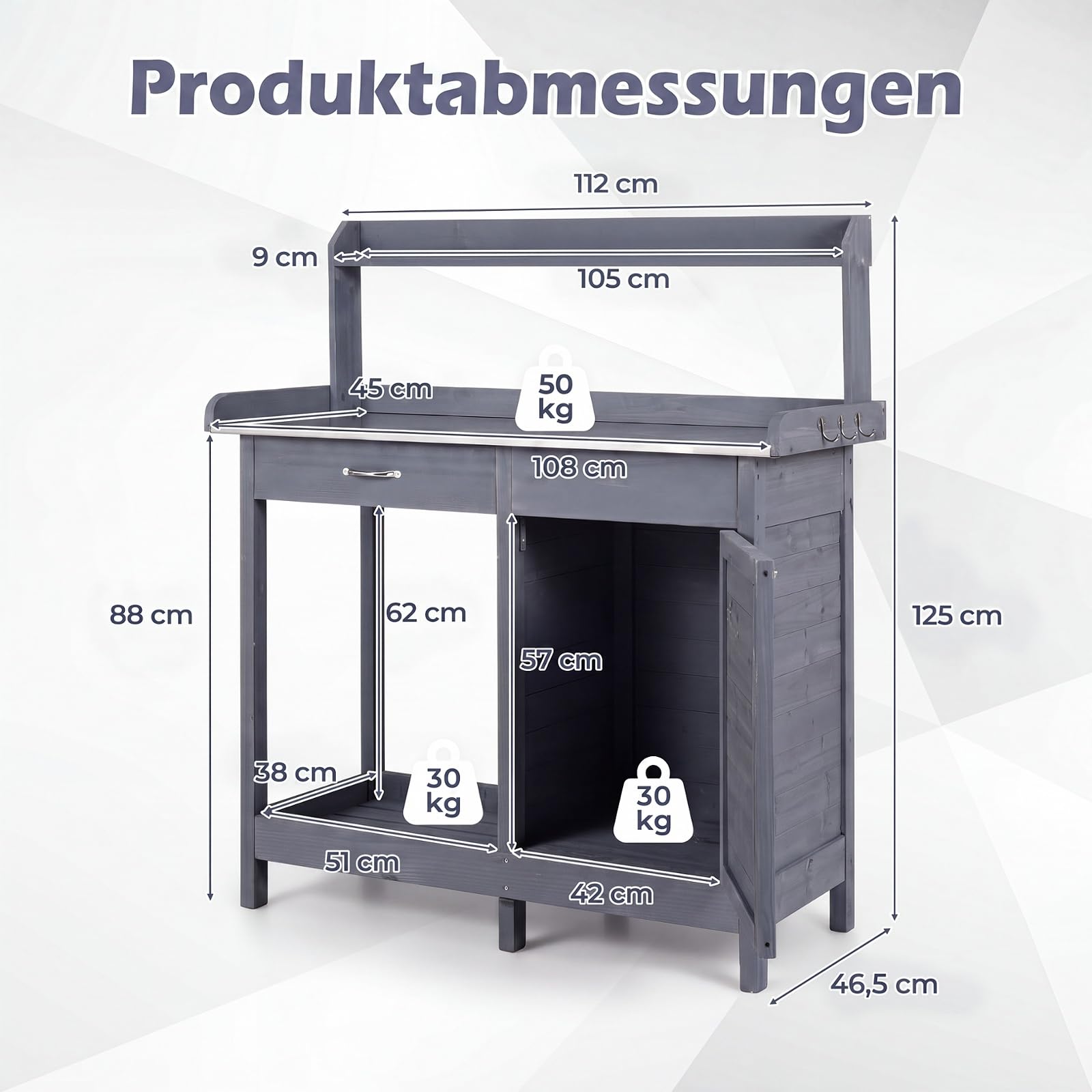 GYMAX Pflanztisch mit Unterschrank, 112 x 46,5 x 125 cm (Grau)
