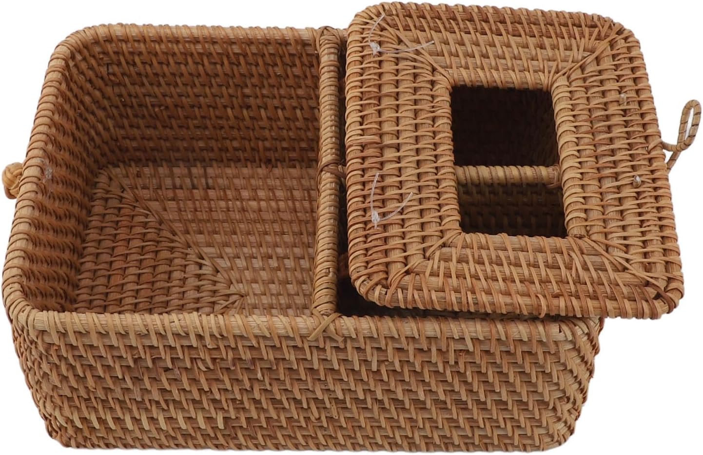 Handwoven Rattan Tissue Box Holder Square with Dual Compartments for Napkins and Remote Control Storage