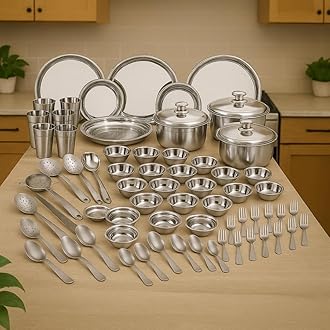 Stainless Steel Dinner Set, Premium Quality, Laser Etching 101 Pieces Set, Ideal Gifting Dinner Set, Ideal for Special Occasions Like Anniversary, Wedding, Housewarming Party, Silver