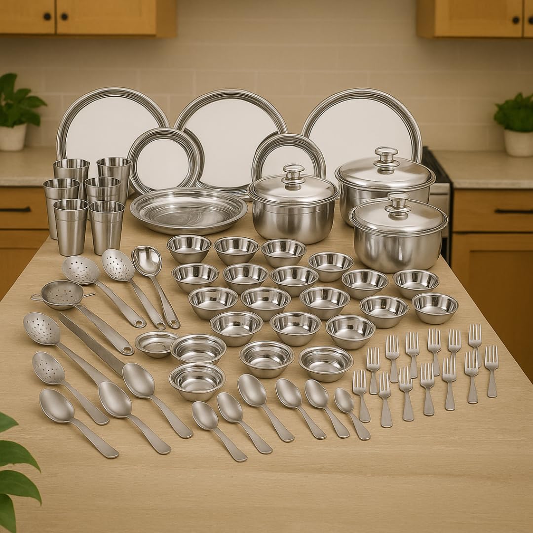 Stainless Steel Dinner Set, Premium Quality, Laser Etching 101 Pieces Set, Ideal Gifting Dinner Set, Ideal for Special Occasions Like Anniversary, Wedding, Housewarming Party, Silver