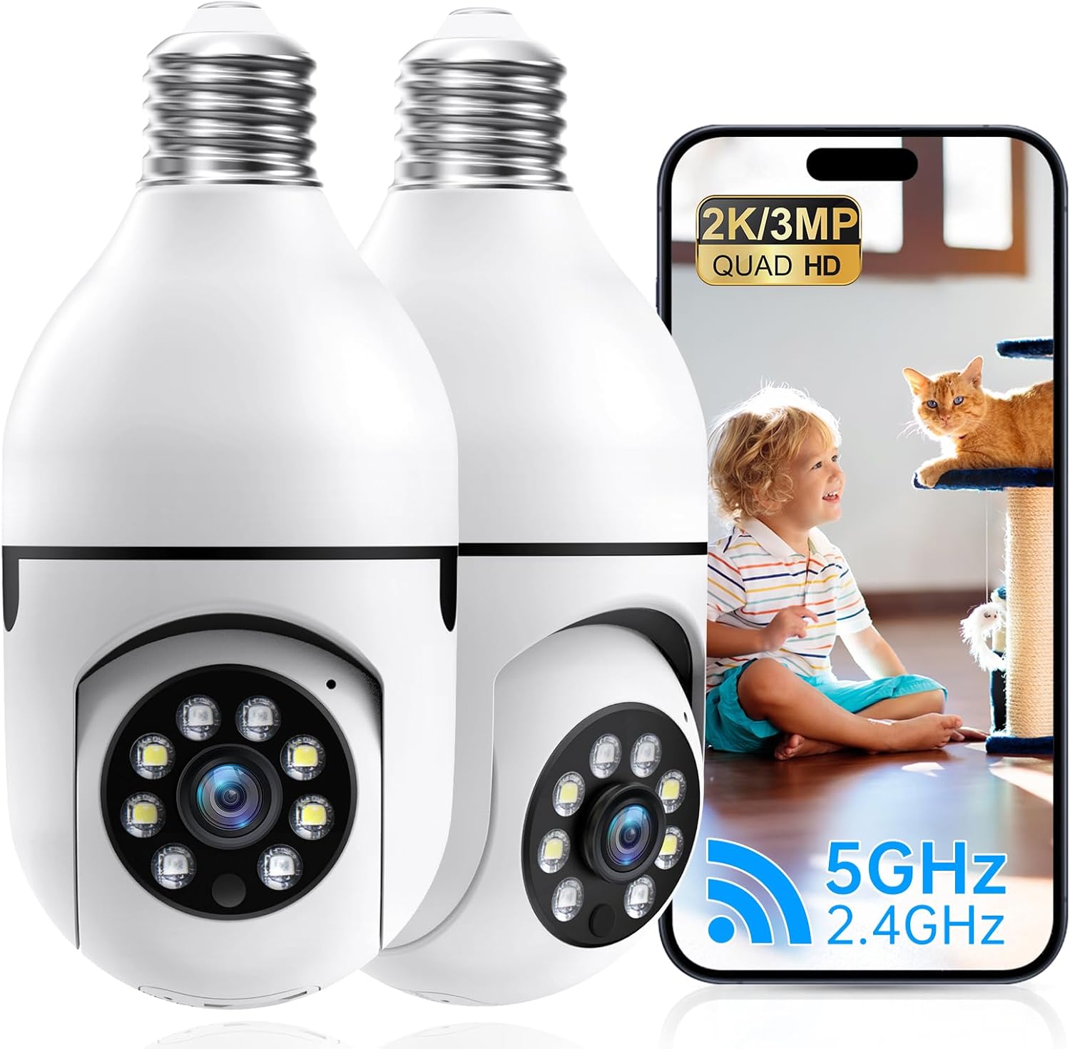 Light Bulb Security Camera 2K, 2.4G/5G WiFi Security Cameras Wireless Outdoor Indoor, Bulb Cameras for Home Security Outside,Motion Detection Alarm,Color Night Vision,Compatible with Alexa 2Pack Light Bulb Security Camera 2K, 2.4G/5G WiFi Security Cameras Wireless Outdoor Indoor, Bulb Cameras for Home Security Outside,Motion Detection Alarm,Color Night Vision,Compatible with Alexa 2Pack