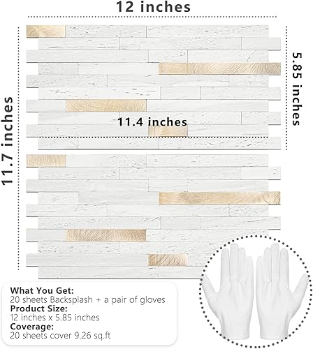 Miniatura 7 de STICKGOO 20 hojas de azulejos autoadhesivos para salpicaduras para cocina y baño, aspecto de arenisca blanca, PVC, mezcla de metal dorado, azulejos