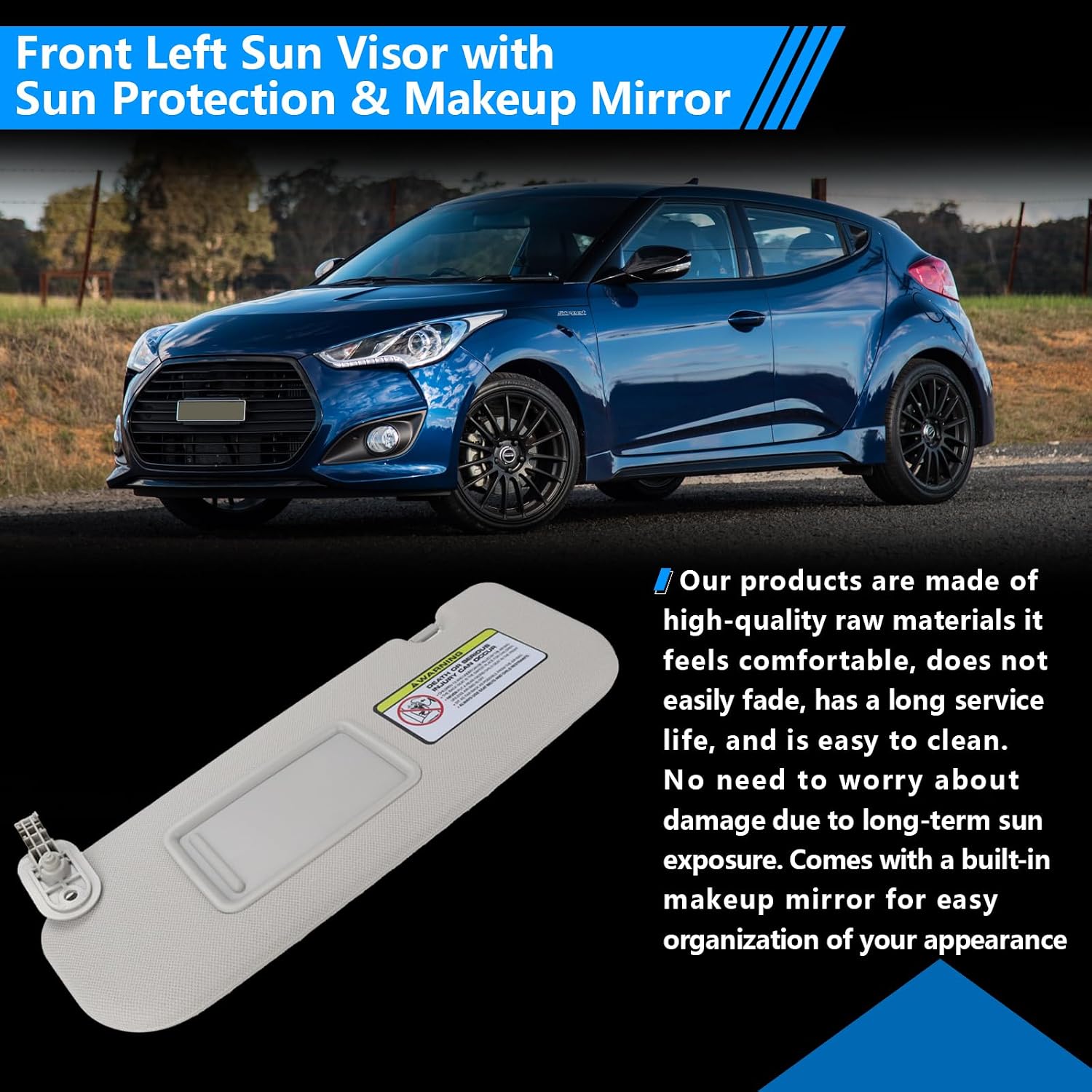 Front Left Sun Visor with Sun Protection & Makeup Mirror (Gray) – Compatible with 2012-2016 Hyundai Veloster, Replaces OEM Part 85210-2V330-TX (Driver Side)