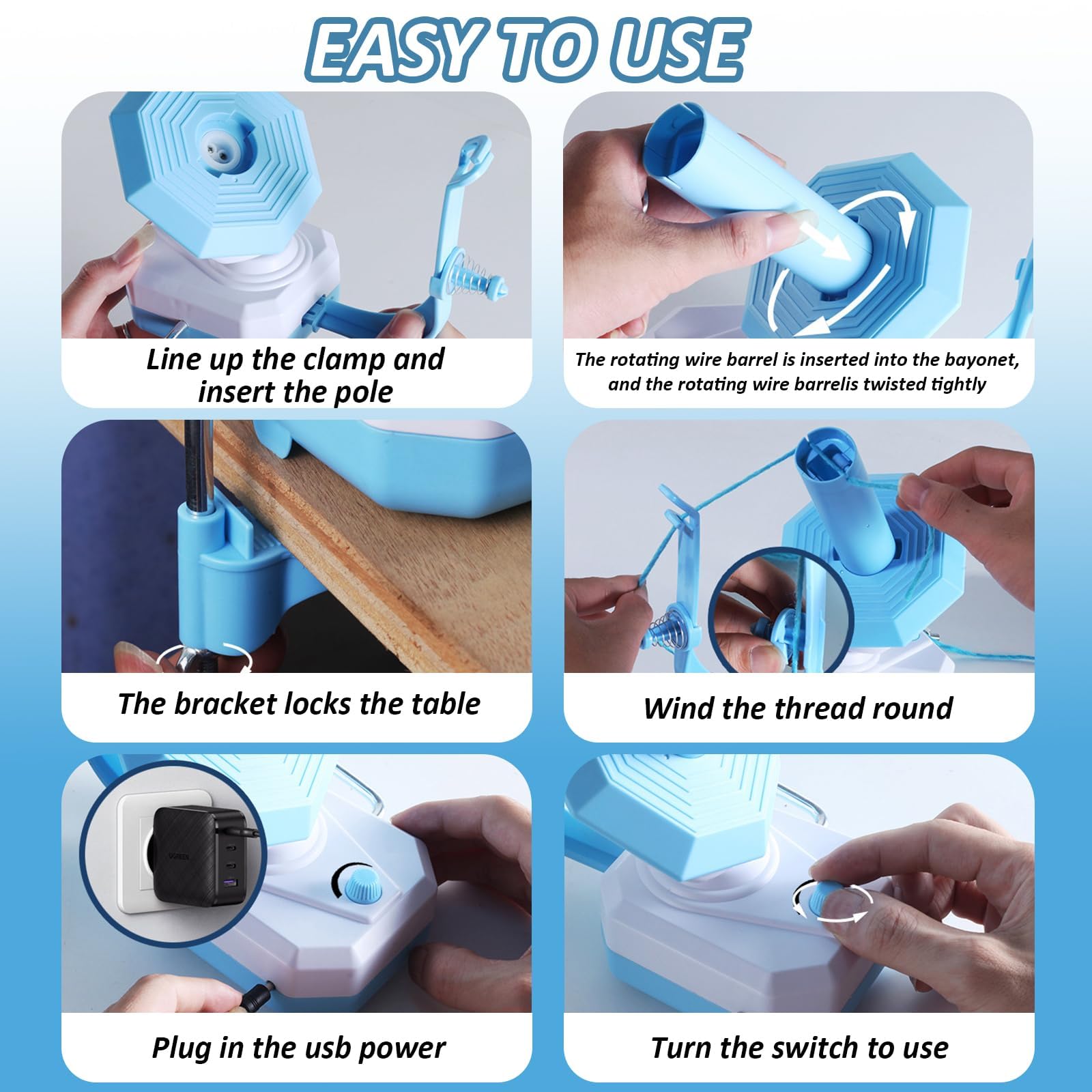 Domigard Avvolgitore Elettrico per Filato a Doppia Molla - Avvolge Automaticamente fino a 280g (10 Once), Ideale per Maglia e Uncinetto - Design Compatto, Facile da Usare (Colore Azzurro)