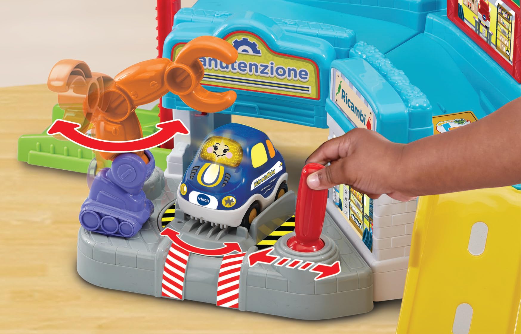 VTech Vroom Vroom Go - Autofficina di Riparazioni, Pista Macchinine con Garage Multifunzione, Braccio Robotico, Incluso 1 Veicolo, 3 Zone Magiche, Lingua Italiana, Batterie Incluse, 1-5 Anni