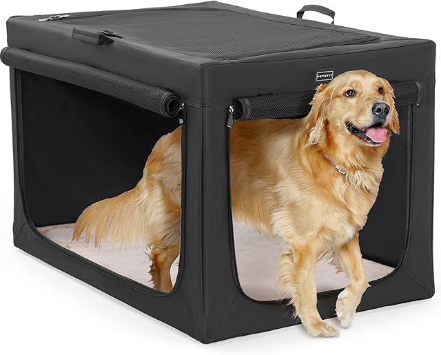 PETSFIT Dog Crates for Large Dogs,40inch Dog Travel Crate with Thicken Plush MatCollapsible Soft Sided Dog Crate,3 Door Design