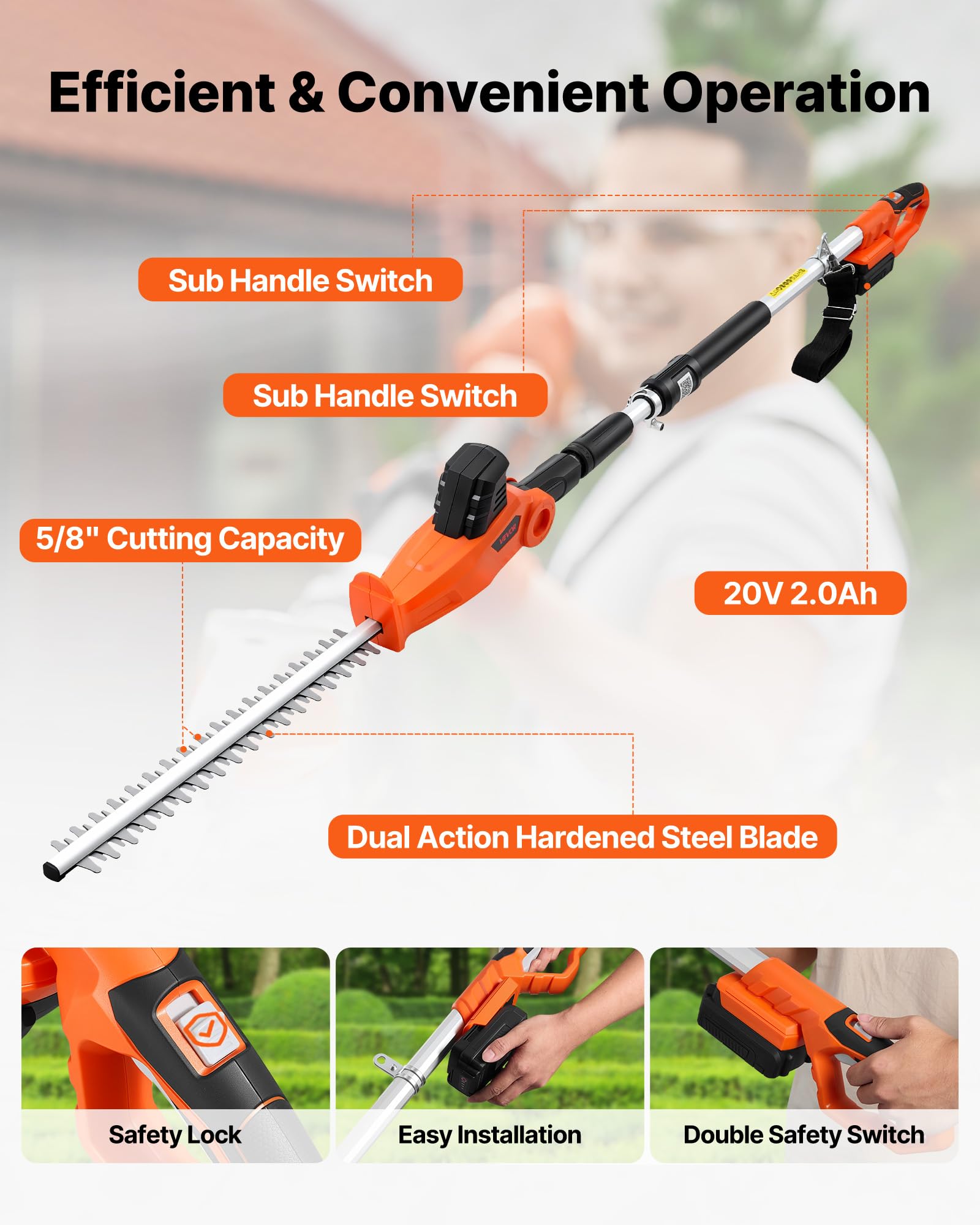 VEVOR Cortasetos Eléctrico Telescópico, Cortasetos a Batería sin Cable, Pértiga Extensible 187,5-238,5 cm, Cabezal Pivotante, Cuchillas de Doble Acción, Correa de Hombro, para Arbustos Setos Plantas