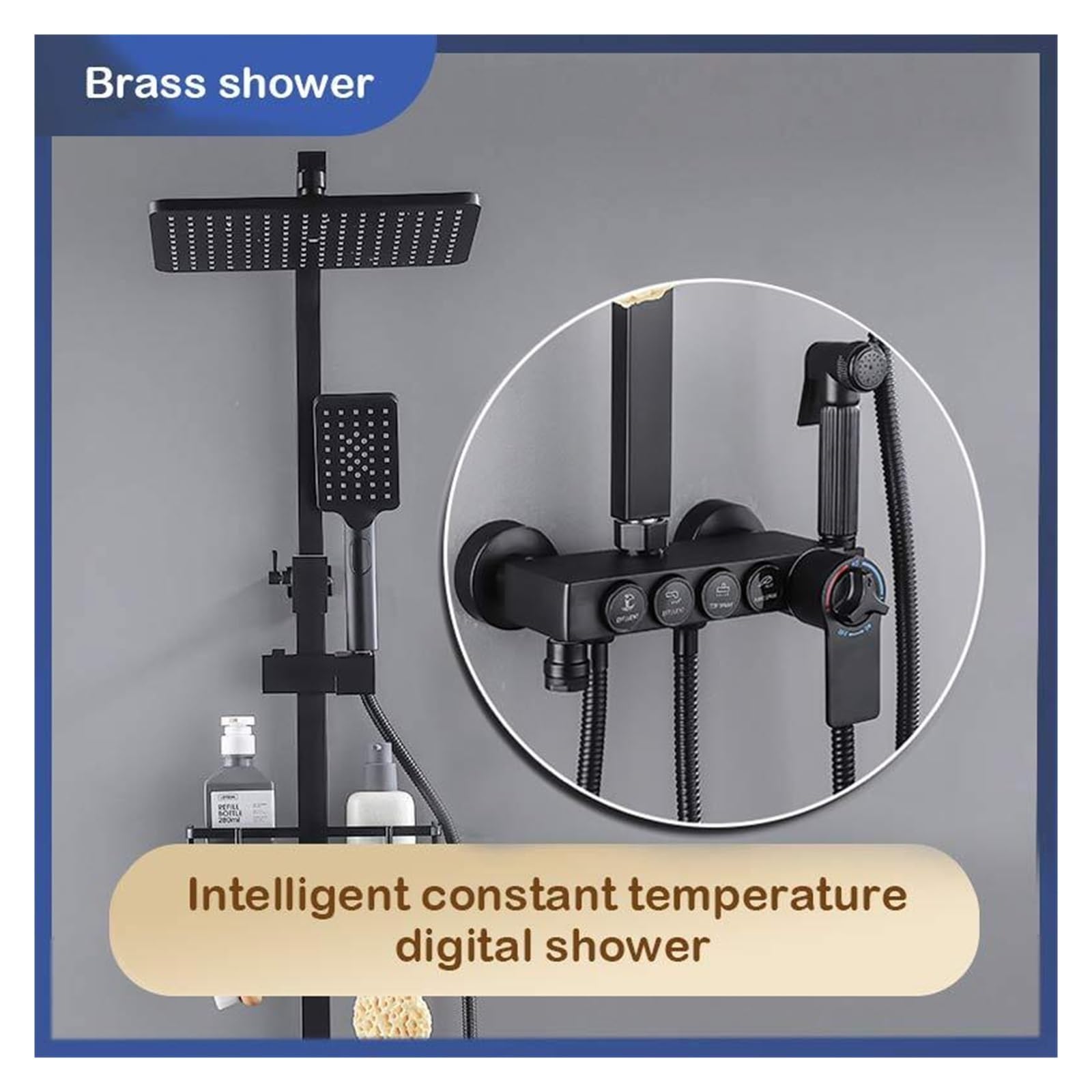 Doccia for Bagno Set Doccia termostatico con Pulsante Nero Rame Doccia a Pioggia Manuale pressurizzata a 4 velocità(S1818C-TH-4G)