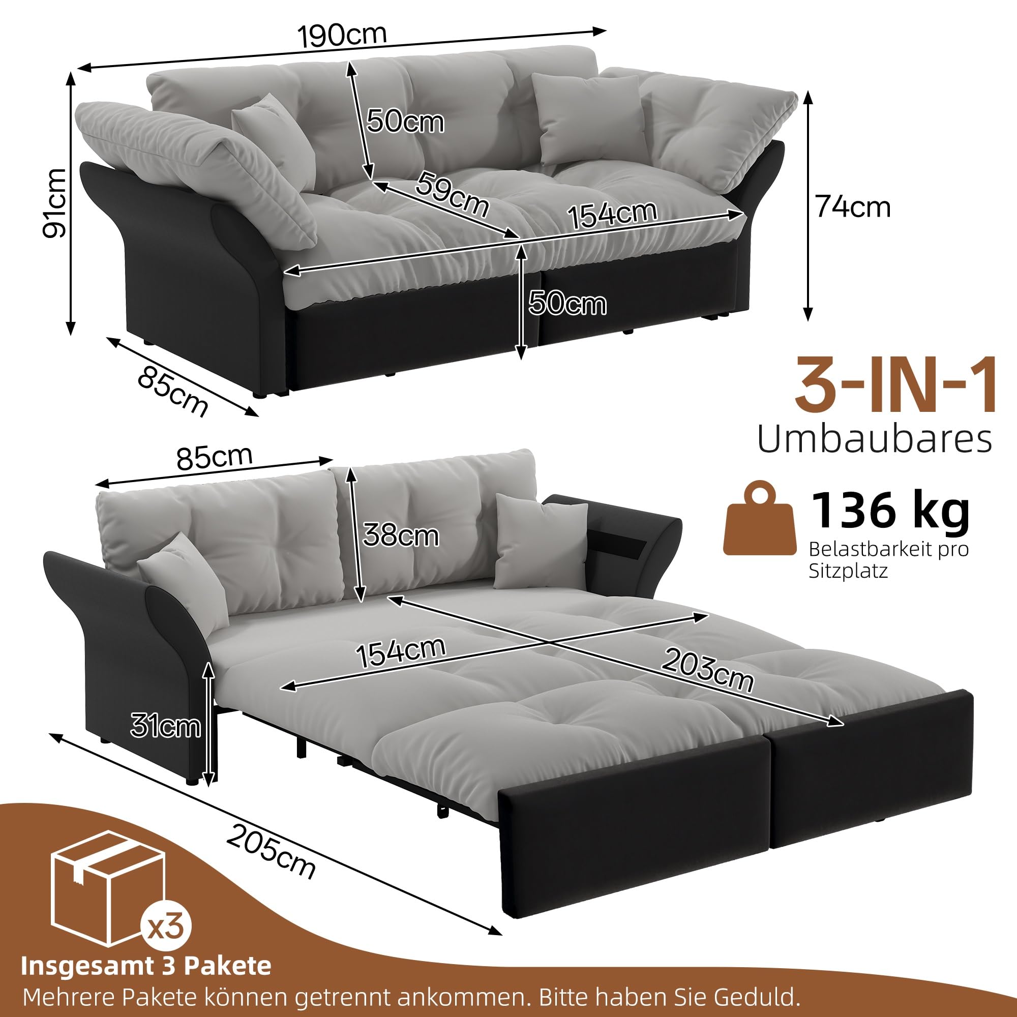 Canapé Convertible 3 en 1 Taille Queen Size 190 Cm Velours Capitonné Canapé Lit Multifonction avec 2 Coussins Confortables pour Salon Chambre Invité