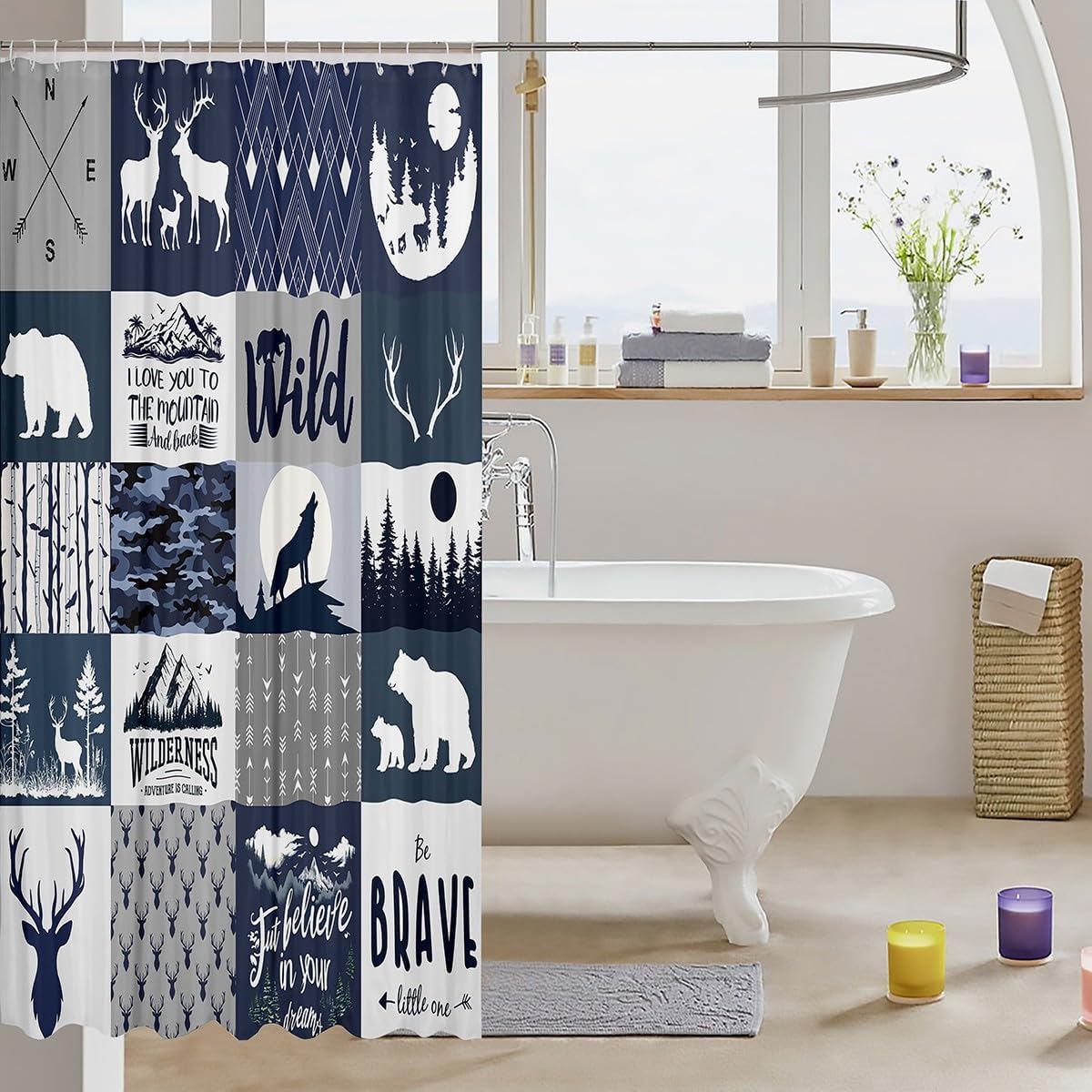 Deer Antler Silhouettes Kids Shower Curtains,Bear Wolf Arrows Patchwork Bathroom Curtains,Girls Boys Adults Home Decor,Wild Animals Hunting Blue Camo Waterproof Curtains,12 Hooks Suits,72"W x 78"L