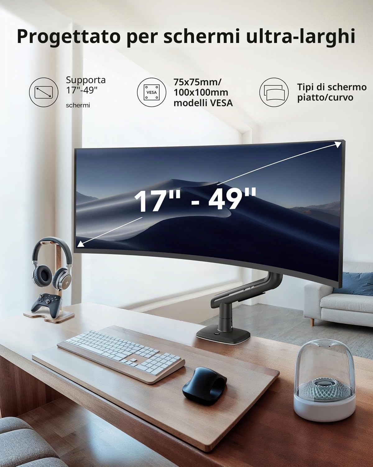 HUANUO Braccio monitor pesanti di schermi ultralarghi fino a 49", con 18kg, supporto scrivania schermi ultralarghi alluminio, supporto monitor regolabile C-pinza, base grommet, max VESA 100x100mm