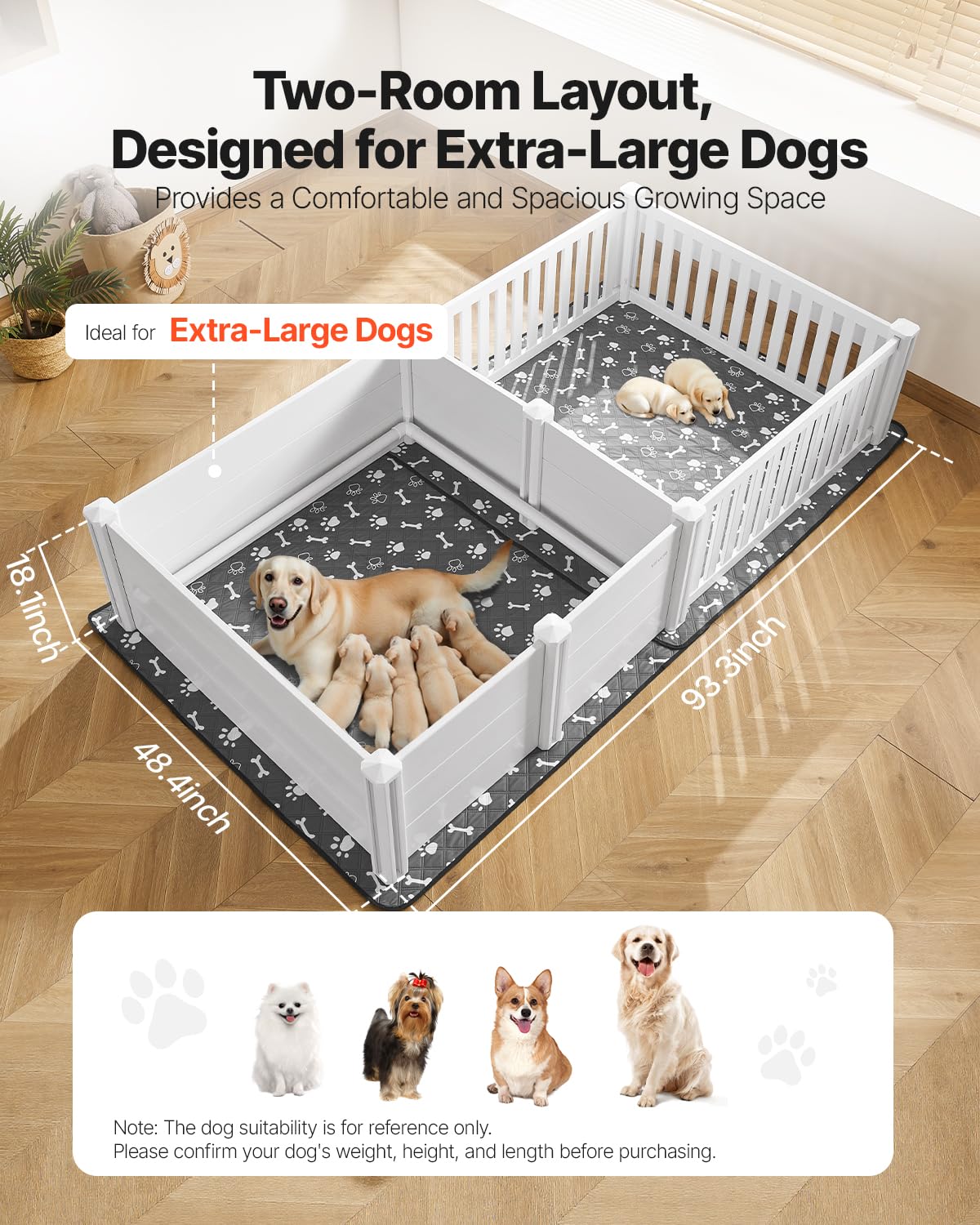 VEVOR Parc de Mise Bas pour Chien, 236x123x46 cm, Caisse de Mise Bas pour Chiots, avec Porte Hauteur Réglable, Tapis d'Urine Lavable, Boite de Naissance Plastique PVC pour Chiens de Très Grande Race
