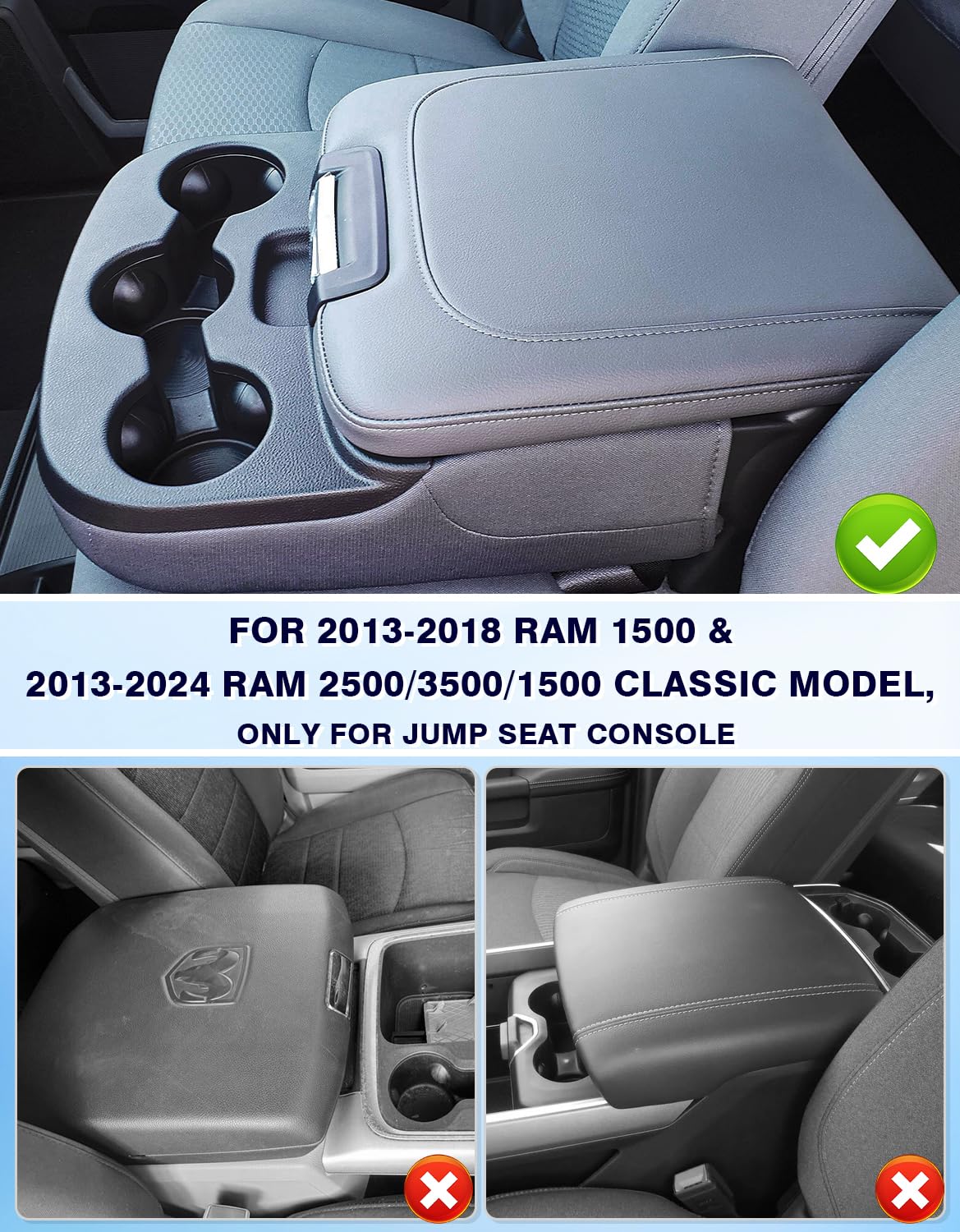Center Console Armrest Cover For 2013-2024 Ram 1500/2500/3500 Classic - PU Leather With Hidden Pocket