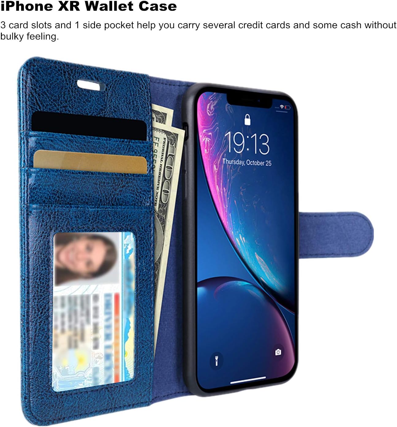 JISONCASE iPhone XR Wallet Case, Leather iPhone Xr Cases with Credit Card Holder Slot Magnetic Closure Shockproof Protective Flip Case for Apple iPhone XR 6.1 inch, Blue