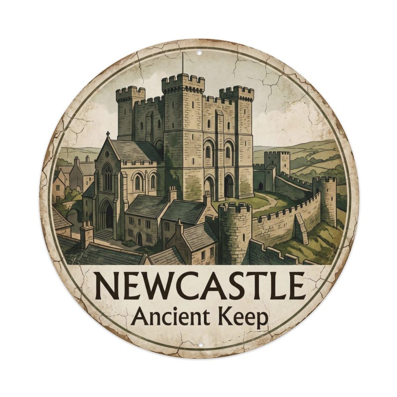 Fqcyn Style Vintage Travel Newcastle Castle Keep Metal Tin Sign Plaque Wall Decor For Cafe, Club Bar, Office, Home Garden Round Metal Poster 8X8inch