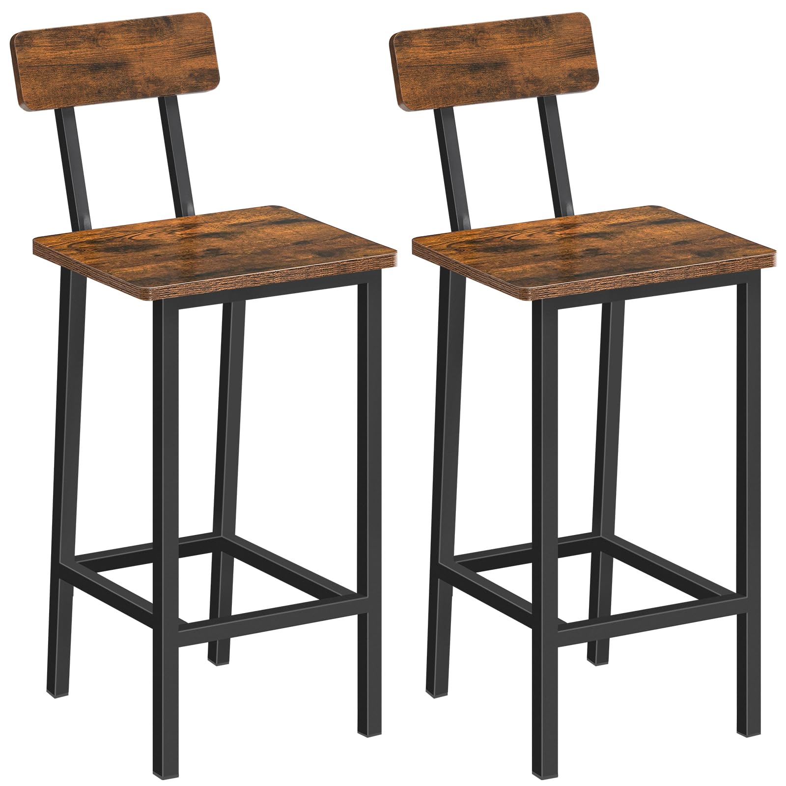 Bar Stools, Set of 2 Bar Chairs with Backrest, Kitchen Bar Stools with Footrest, 24.1" Tall Counter Bar Stools, Easy Assembly, for Dining Room, Bar, Rustic Brown and Black BAHR03101V