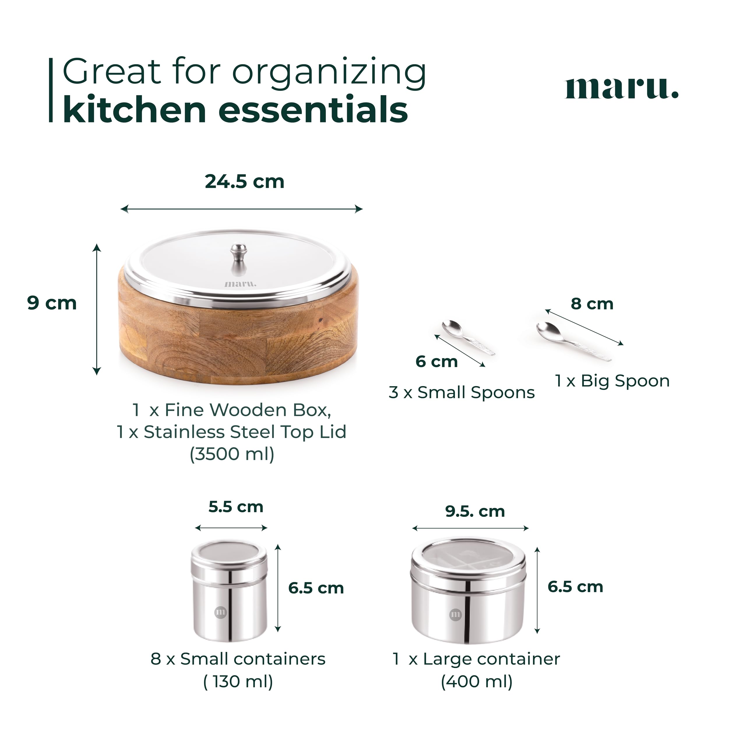 MARU 12-in-1 Gewürzbox aus Holz, Edelstahlbehälter mit durchsichtigem Deckel, 8 kleine und 1 große Behälter mit Mittelteilung, perfekt für die Organisation von Gewürzen, Kräutern, Masalas und Gewürzen