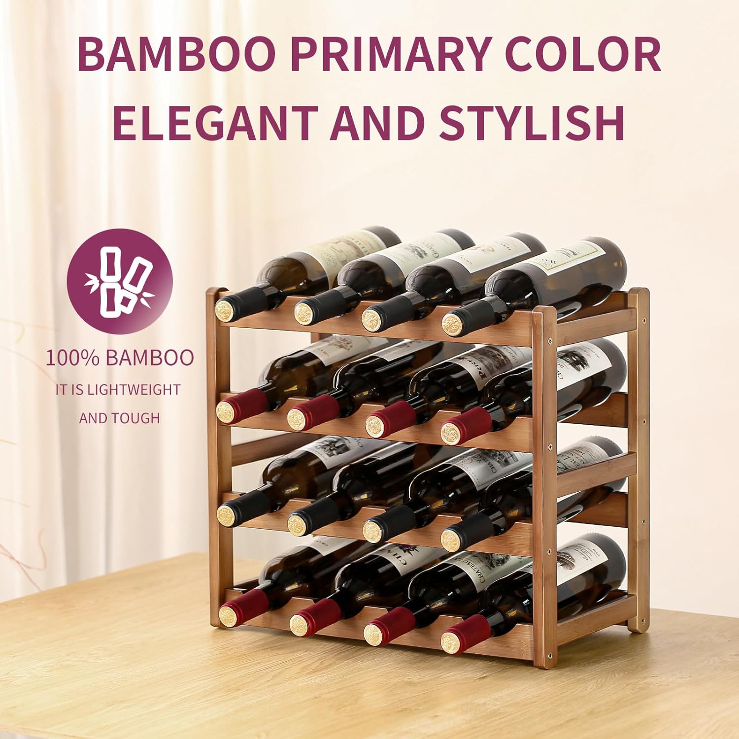 Wine Rack Storage,Bamboo Wine Racks Cabinet Shelf,4-Tier 16 Bottles Freestanding Wine Bottle Holder for Basement,Kitchen,Countertop - Image 5