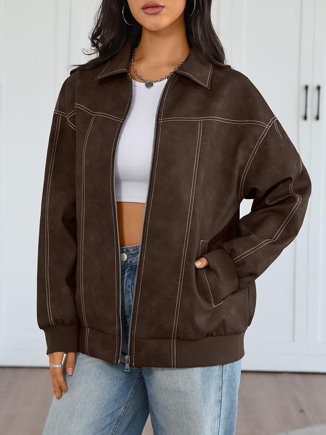 Trendy Queen Womens Leather Jackets Oversized Zip Up Motorcycle Bomber Jackets Fall Fashion Outfits Winter Clothes 2026 - Image 3