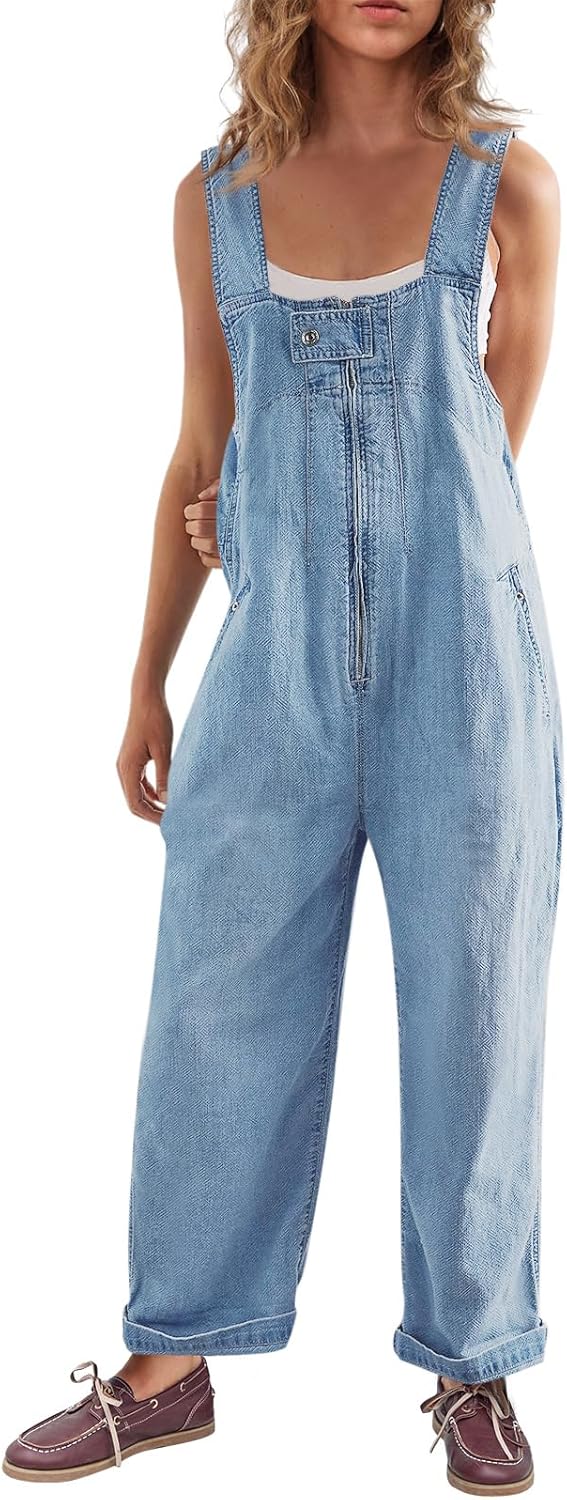 Cicy Bell Womens Casual Denim Bib Overalls Wide Leg Sleeveless Zipper Loose Jean Pants Jumpsuits with Pockets