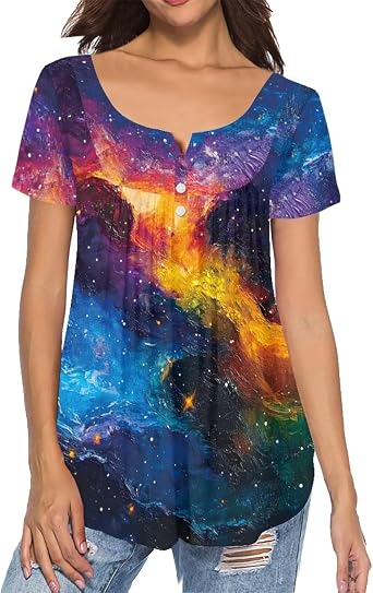 Forchrinse Galaxy Starry Space T Shirt for Women Tunics Top Loose Fit Causal V Neck Button up Swing Plated Blouse,S-4XL