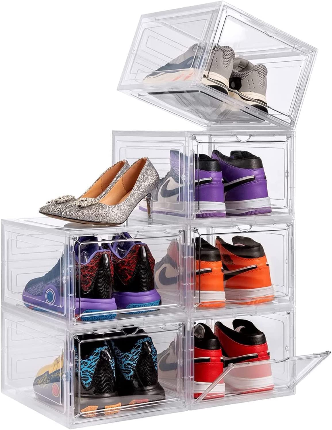 Greenfields Men's Clear 6 Pack Transparent Shoe Boxes - Or Black Durable Shoe Box Organiser - Space Saving Design With Magnetic Door - Durable And Sturdy Bins Front Stackable Drawers (Clear)