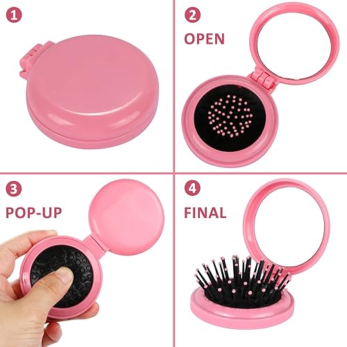 Miniatura 5 de 3 cepillos plegables de viaje con espejo, mini peine/cepillos húmedos, peine compacto de bolsillo para masaje de cabello para mujeres y niñas (rosa)