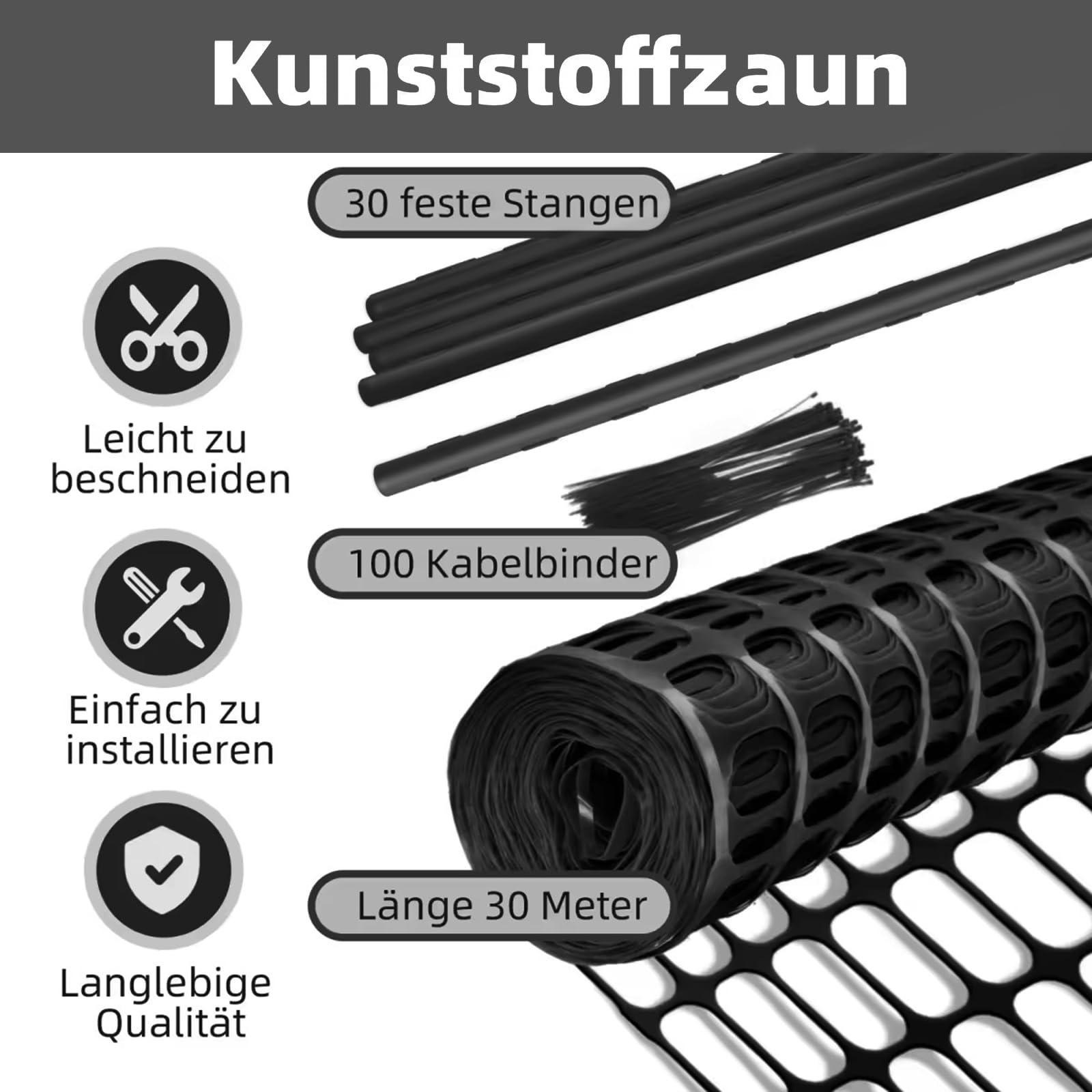 Weidezaun Schwarz 30m Lange x 100cm Hoch mit 30 Pfähle 115cm Hoch,Kunststoff Mobiler Zaun für Begrenzungszaun Geflügelnetz Hühnerzaun Geflügelzaun Hundezaun Steckzaun Teichzaun Kaninchenzaun Schafzaun