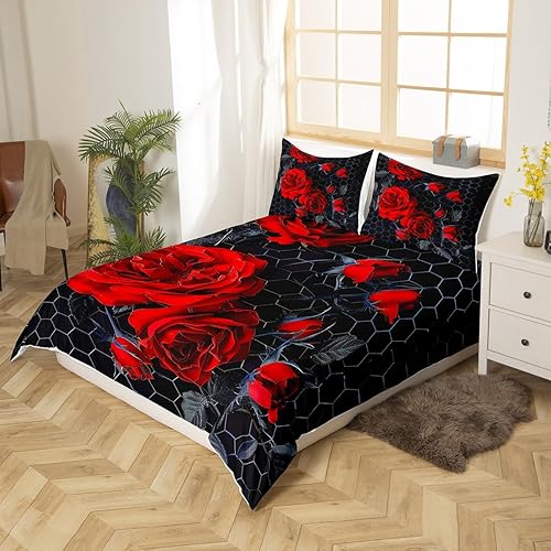 Miniatura 3 de Feelyou Juego de ropa de cama de rosas rojas de lujo, funda de edredón floral para niños, adolescentes, niñas, mujeres, románticas, flores,