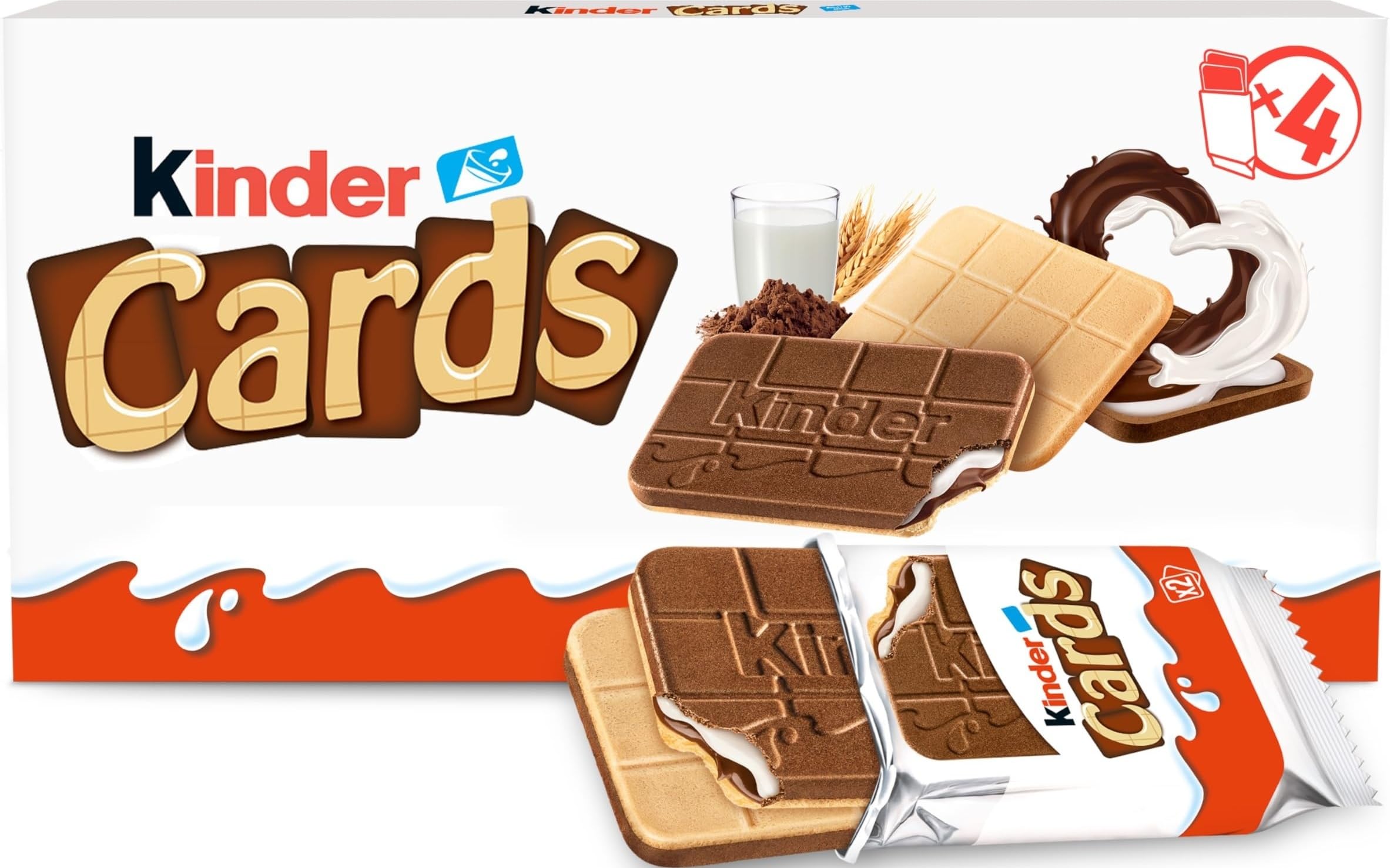 Kinder Cards Wafer Biscuit Chocolate Bars, Pack of 4 x 25.6g