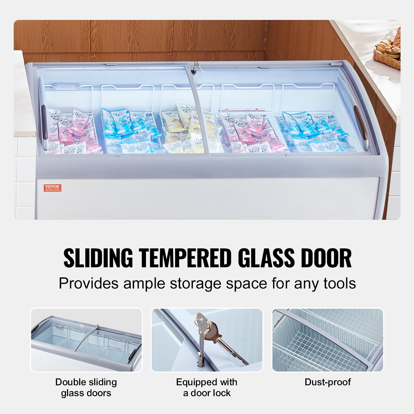 VEVOR Vitrine Réfrigérée à Crème Glacée Commerciale, Comptoir à Glace 460 L, Congélateur Mobile avec Dessus en Verre, 5 Paniers Métalliques, 2 Portes Coulissantes en Verre, Roulettes Verrouillables