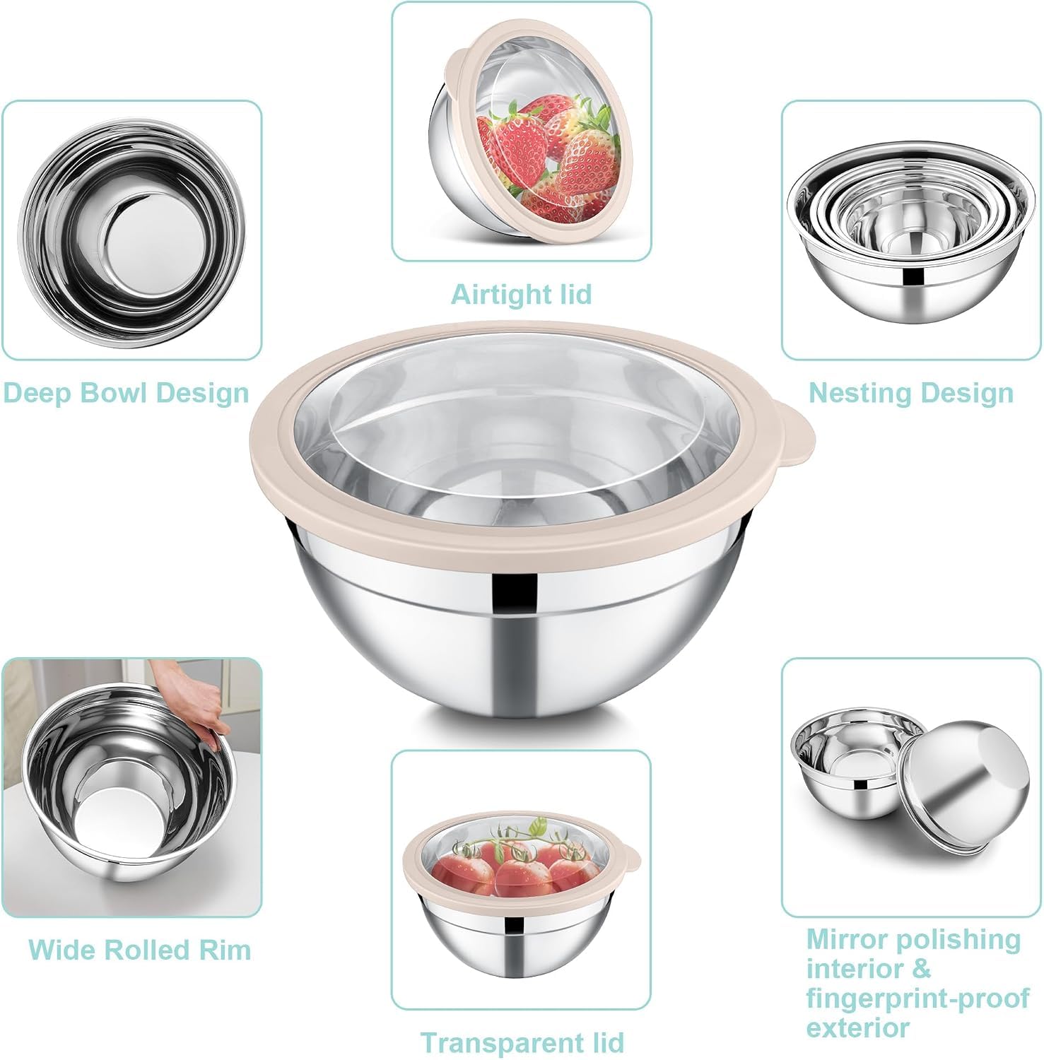 Joyfair Rührschüsseln, 5 Stück, Edelstahl, ineinander stapelbare Salatschüssel mit luftdichten, transparenten Deckeln, Metallschüssel-Set, ideal für Küche, Mischen, Backen, Servieren, Aufbewahren