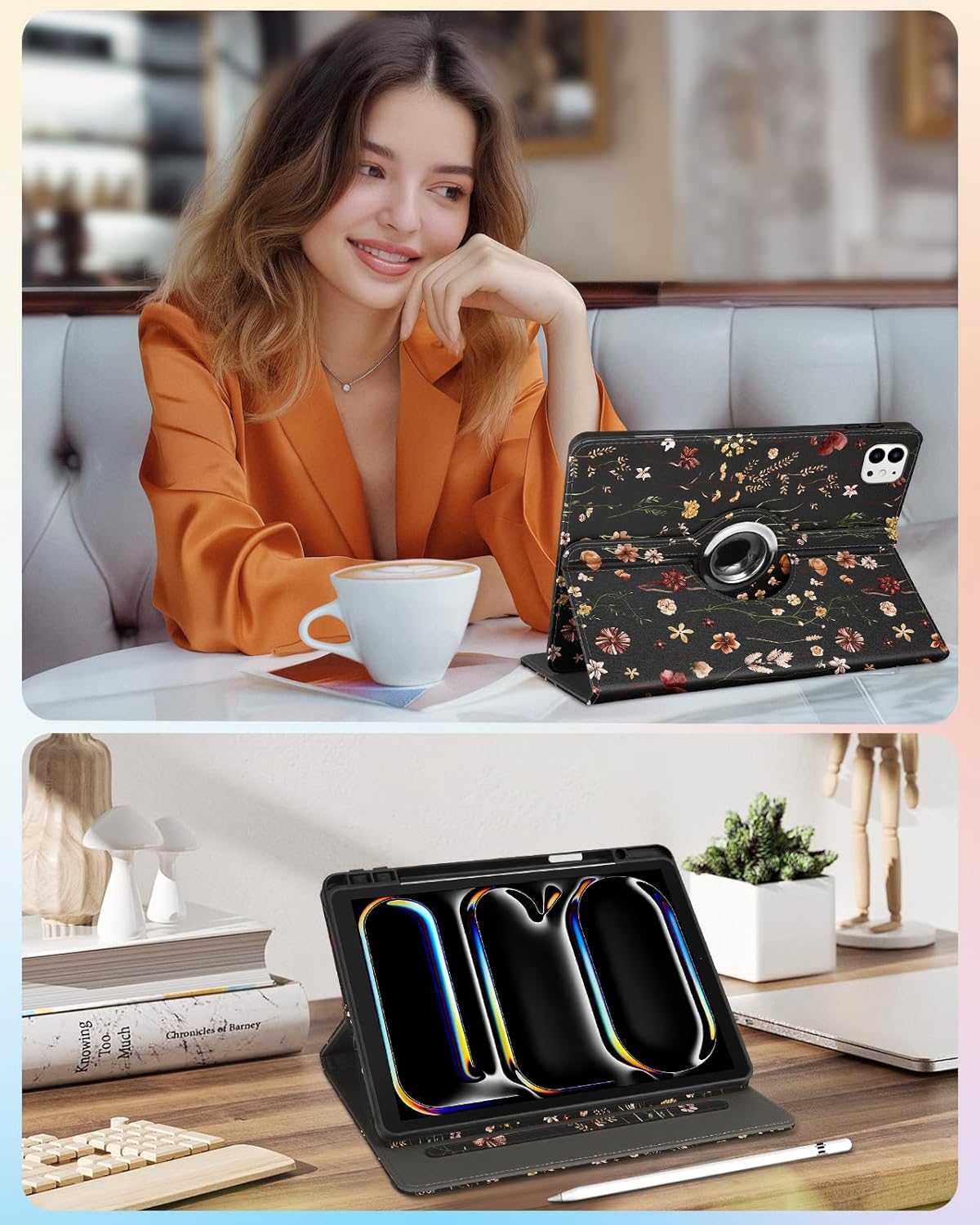 Kidcube for iPad Pro 13 Inch Case M4 2024 - Women Girls Cute Rotating Stand Folio Cover with Pencil Holder & Card Slot Flowers Floral Unique Design for iPad Pro 13 Inch Case 2024 (A2925 A2926 A3007)