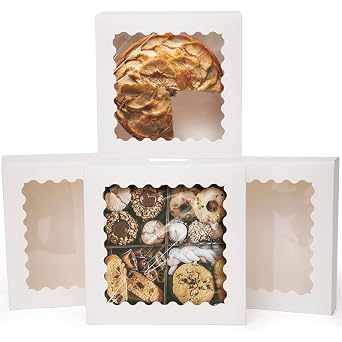 qiqee Auto-pop up 50 Packs Bakery Box With Window 8x8x2.5 inch White Pie Boxes Pastry Box