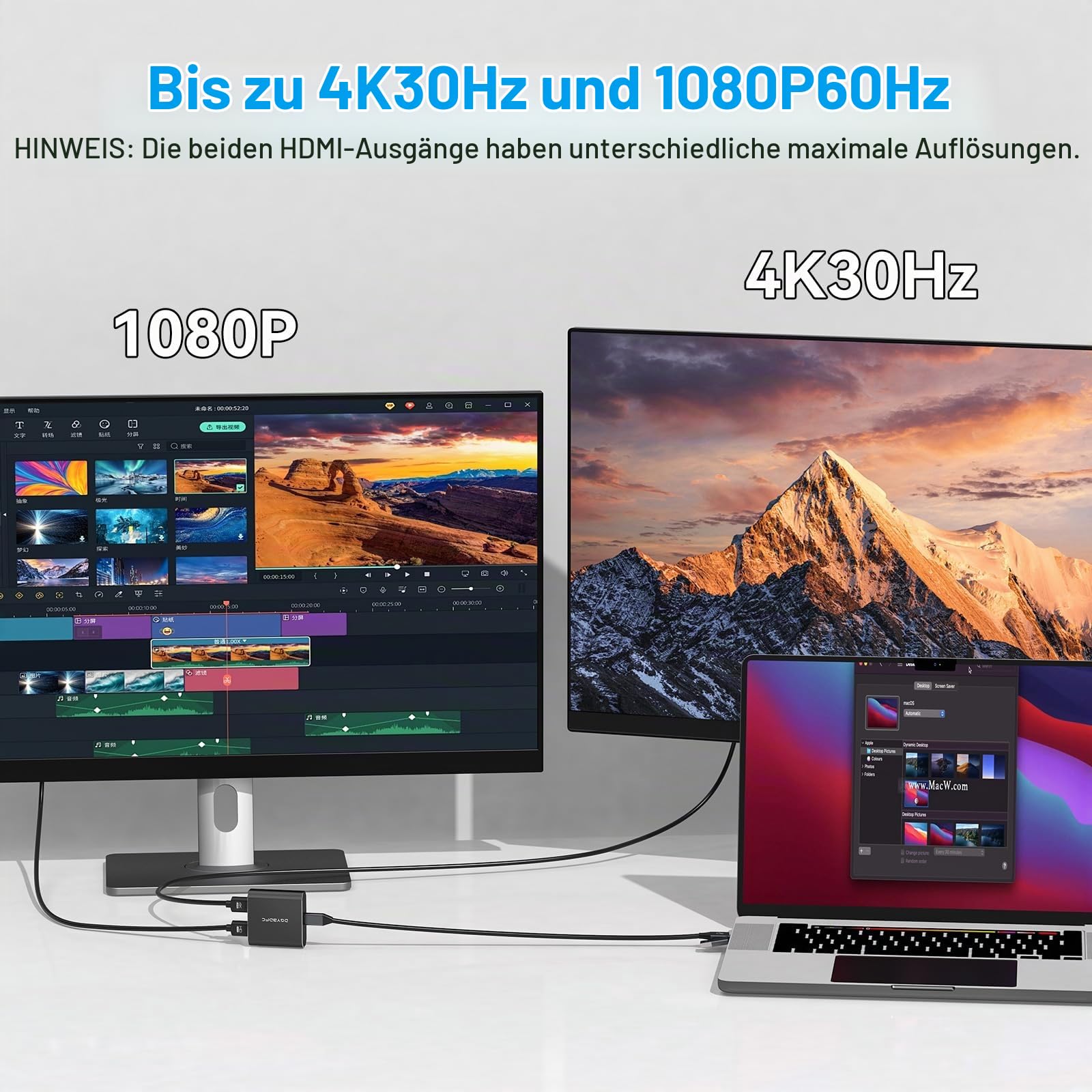 USB A/C auf 2 HDMI Adapter 1 in 2 Out Extended Display Dual Monitore USB 3.0 A & C auf 2 HDMI Splitter 4K 30Hz+1080p 60Hz für Laptop Unterstützt MST/SST Modus mit USBA/C-zu-USBC Kabel