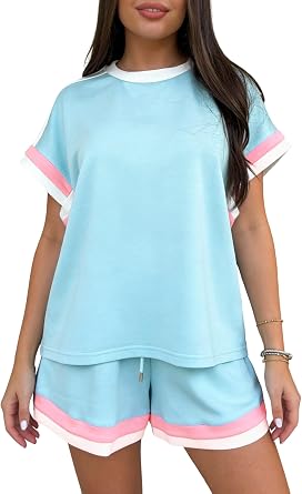 wihnsinop Bonbon Striped Trim Casual Tee Drawstring Shorts 2pcs Set 2026 Summer Outfits for Women 2 Piece Sets