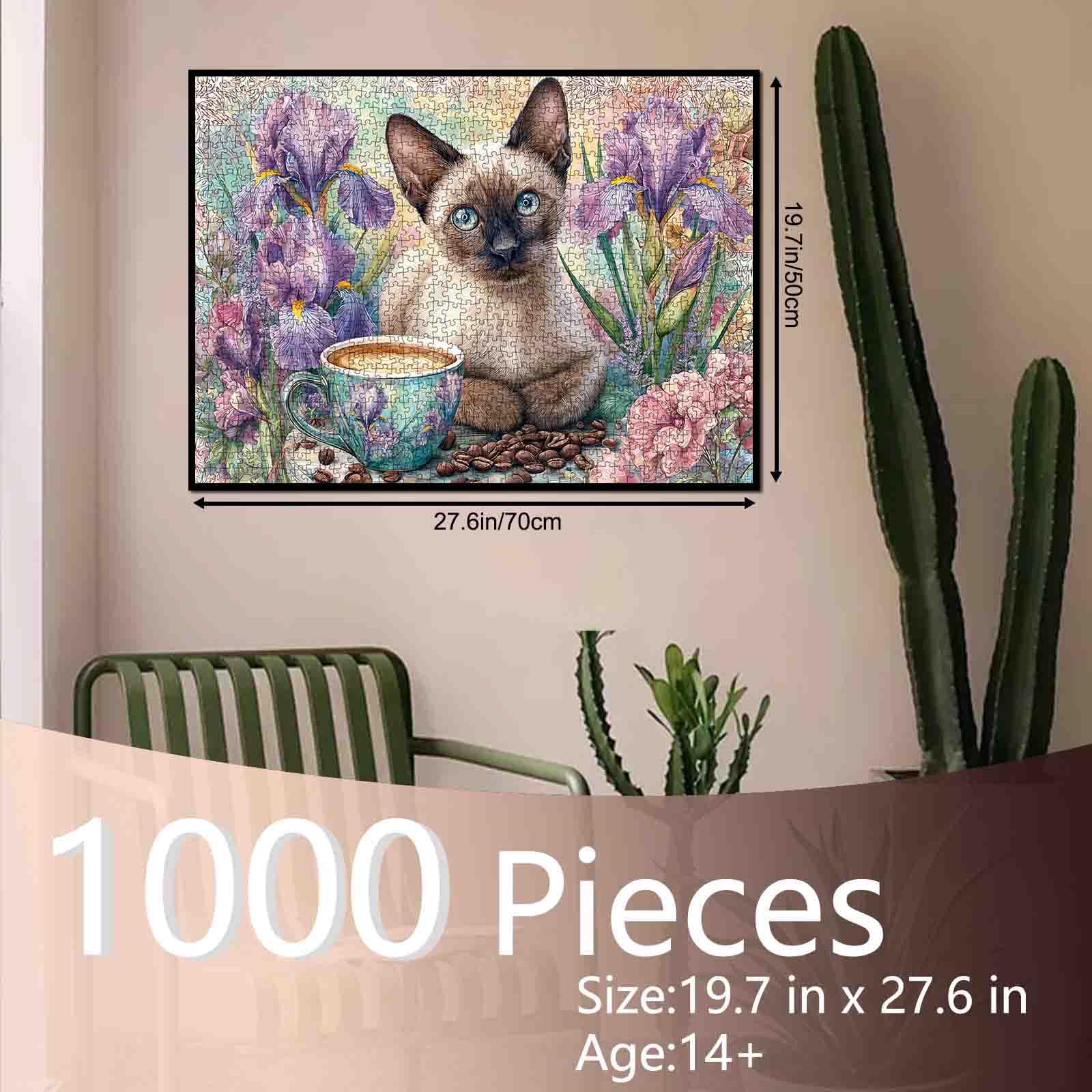 Cat Coffee Challenging Jigsaw Puzzle for Adults 1000 Piece Iris L. Floral Siamese Kitten with Blue Eyes in Garden Scene Relaxing Puzzles for Women Men Family Game Night Puzzle Gift for Cat Lovers - Image 2