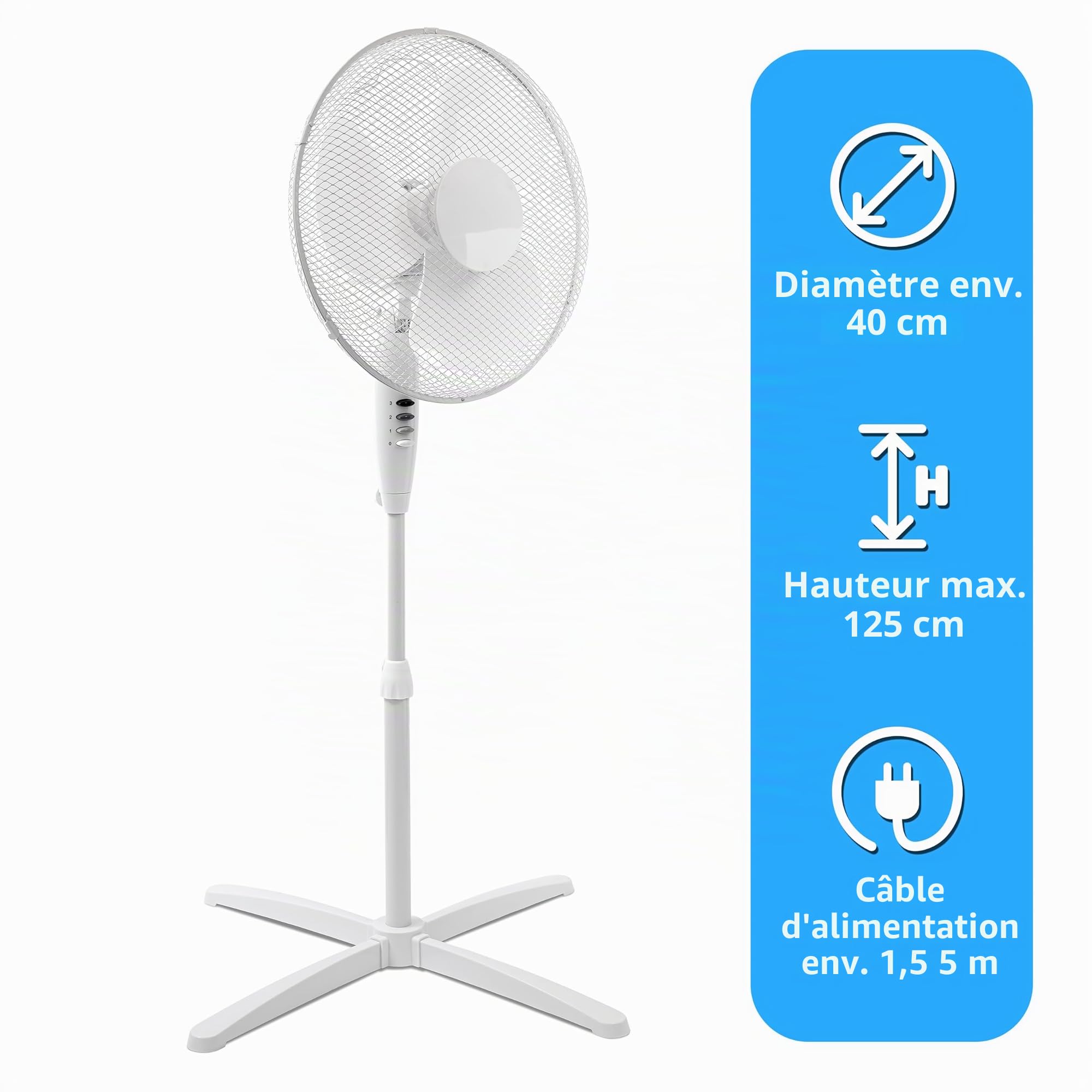 ito electronics ito Ventilateur sur pied 40 cm de diamètre Blanc oscillant + 3 vitesses d'inclinaison réglable/réglable 40 x 14 x 125 cm