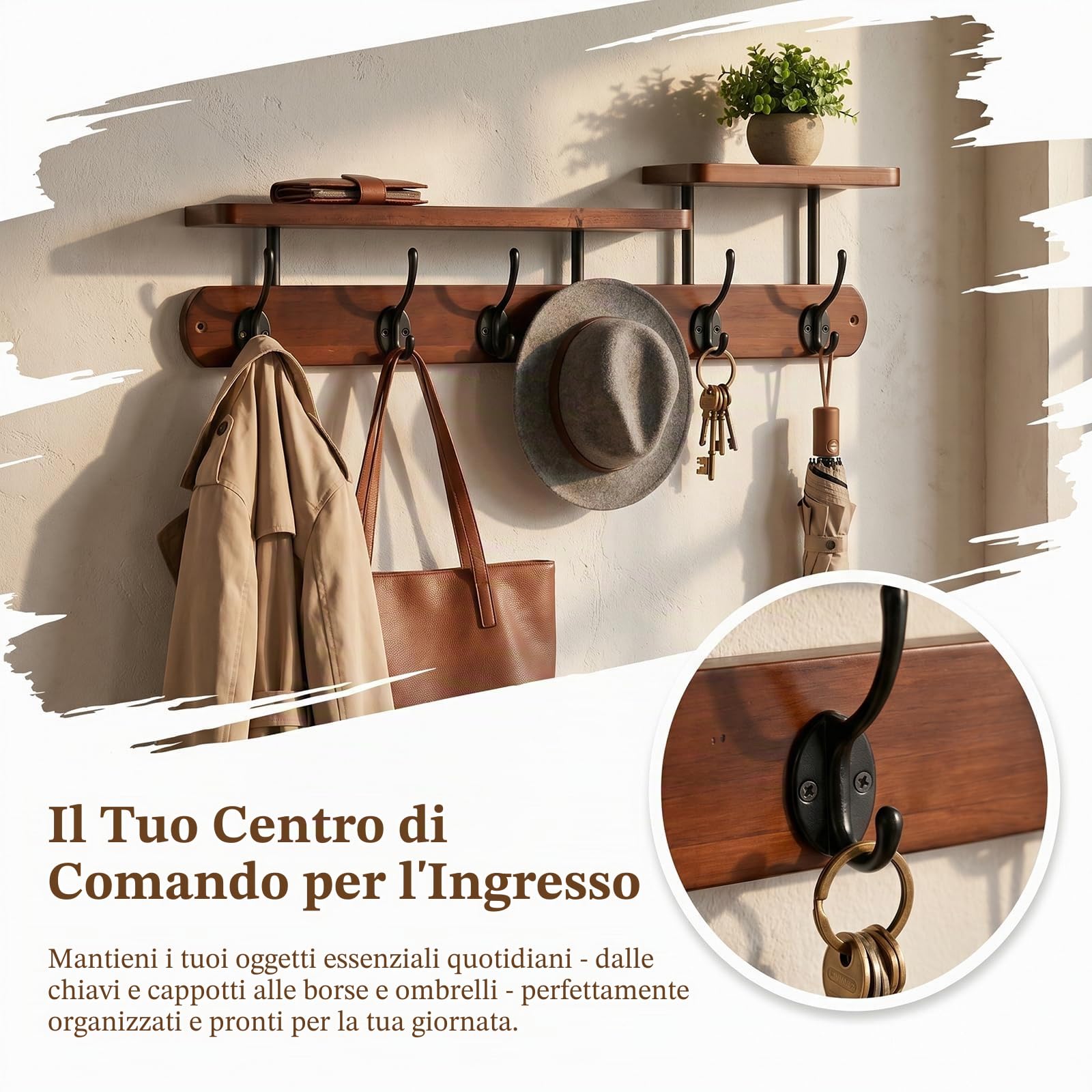 Ganci da parete in legno, attaccapanni da parete 59 * 18 cm con 6 ganci e ripiano, striscia attaccapanni in legno vintage, attaccapannis da parete per ingressi/guardaroba/camere da letto/bagno