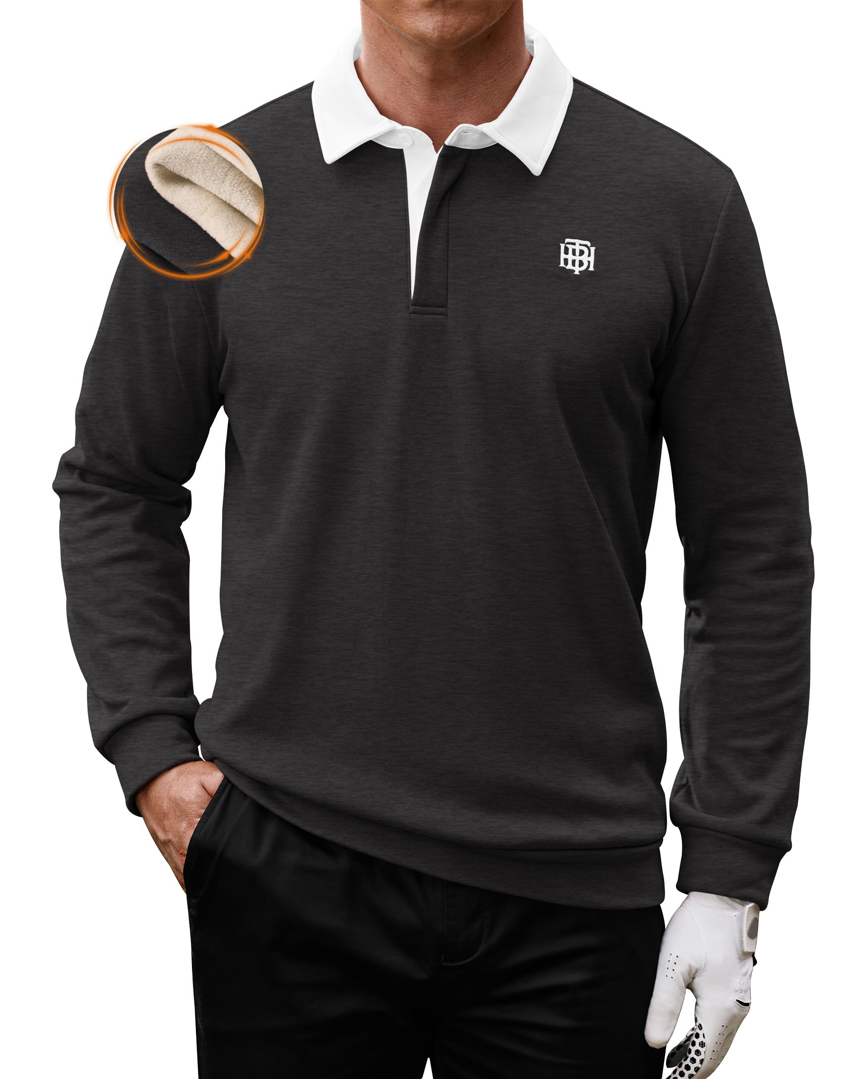 Mens Fleece-Lined Golf Polo Shirt Thermal Athletic Outdoor Collared Sweatshirt S-2XL