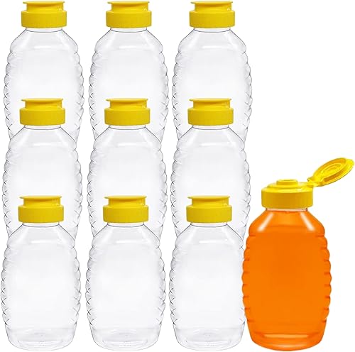 Skywin Honey Jar - Botellas de miel de plástico transparente y dispensador de recipientes de miel con tapa abatible y sello (10, 32 onzas)