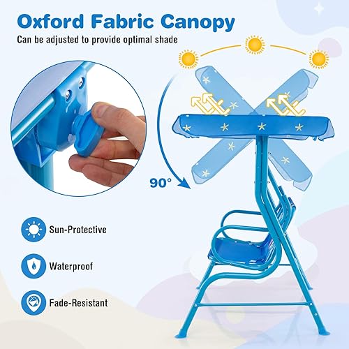 Miniatura 2 de HONEY JOY Columpio de patio para niños, 2 plazas para porche al aire libre, toldo ajustable y cinturón de seguridad, resistente a todo tipo de